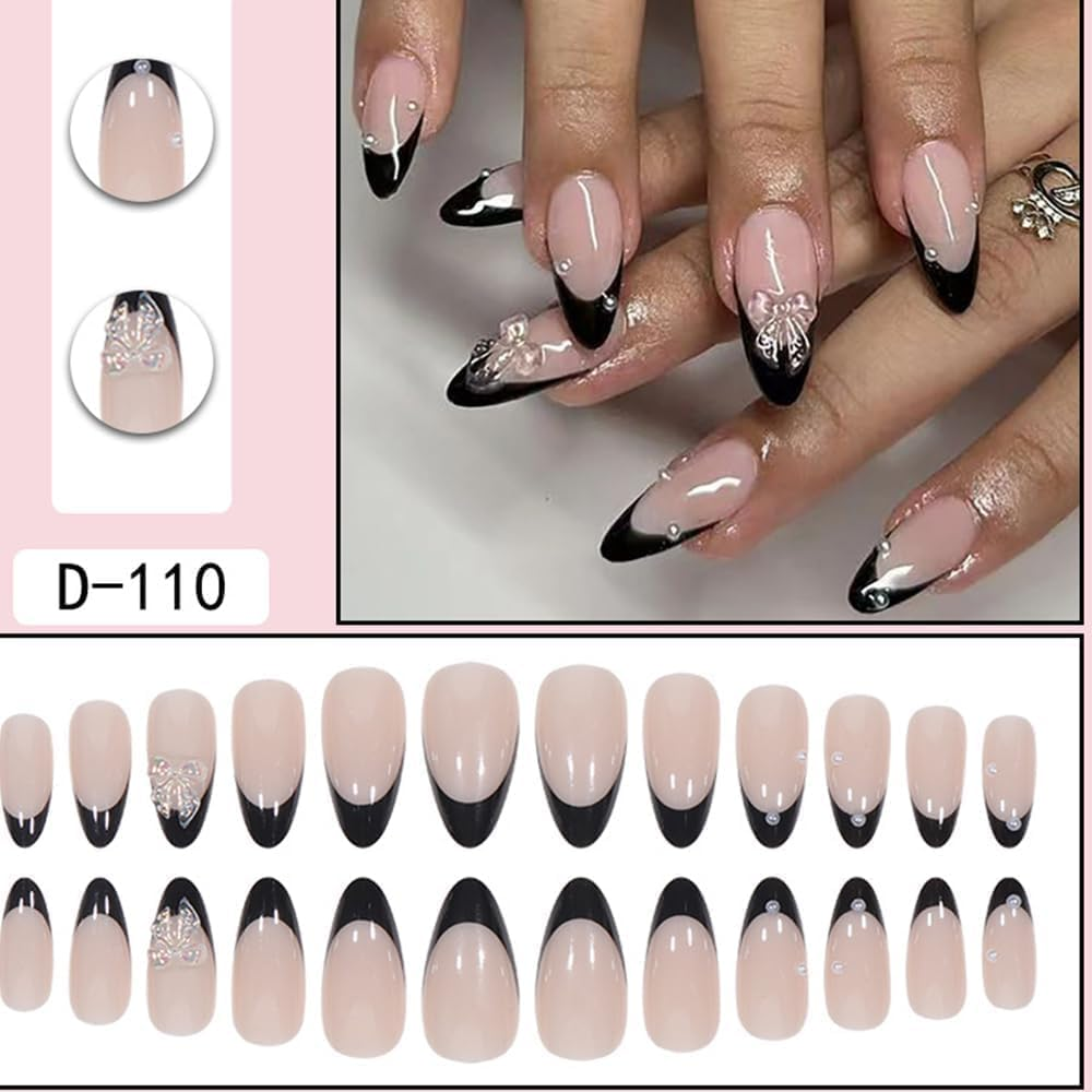 24PCS Short False Nails Almond, French Tip Black Press on Nails Designs, Glossy Removable Glue-On Nails Fake Nails Set with Glue Stickers, Acrylic Full Cover Stick on Nails for Women Girls image number 1