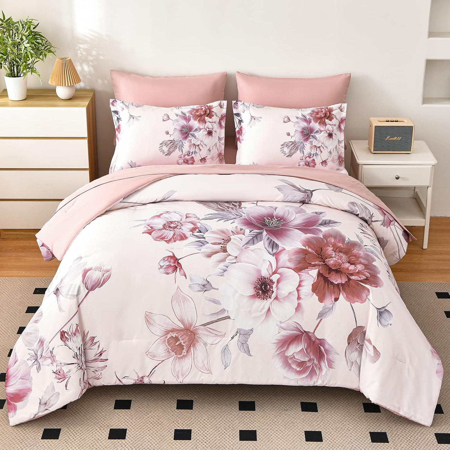 Floral Comforters Queen Size 7 Pieces Botanical Pink Bed in a Bag Ulter Soft Microfiber Bedding Set, Lightweight Bed Comforter Set with Sheets for All Season (Pink, Queen) image number 1