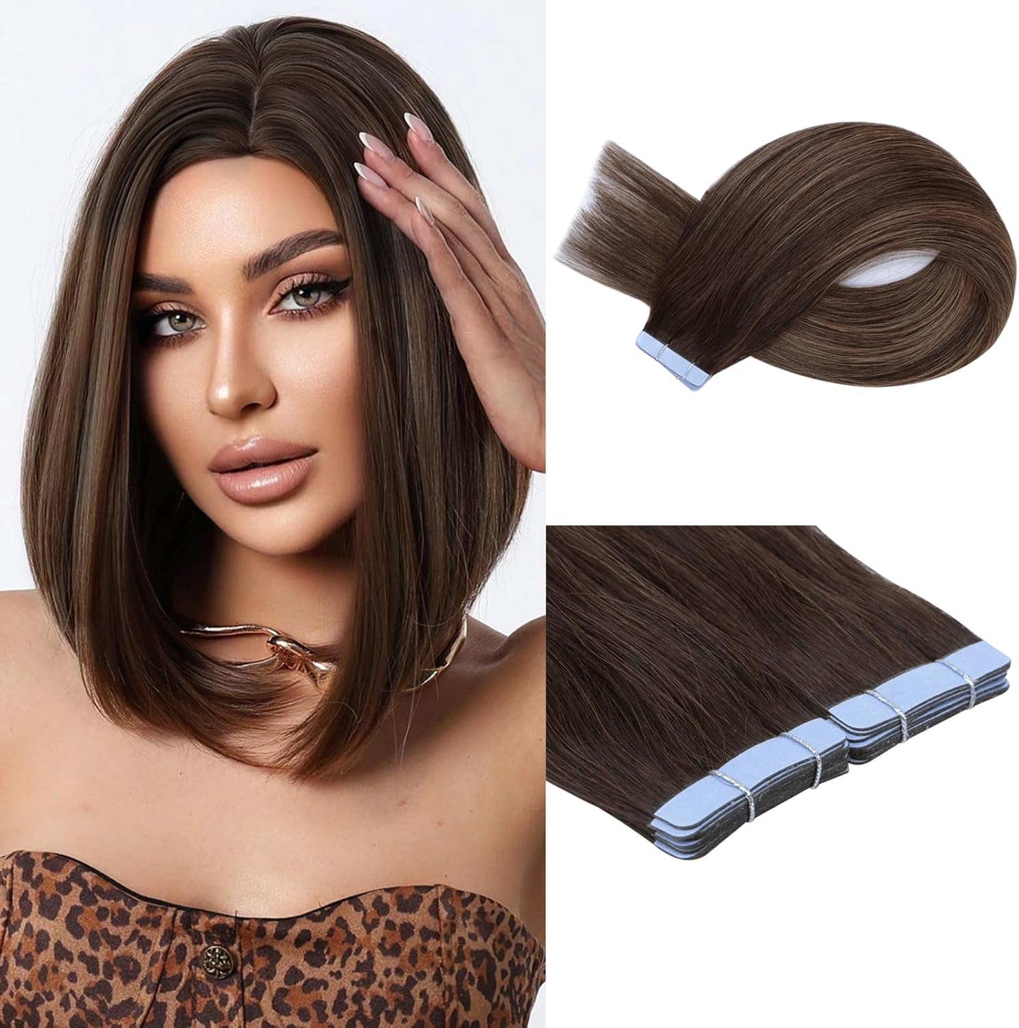 Tape in Hair Extensions Human Hair, 14 Inch 20Pcs Human Hair Tape in Extensions Balayage D.Brown to Golden Brown Seamless (Balayage D.Brown to Golden Brown) image number 5