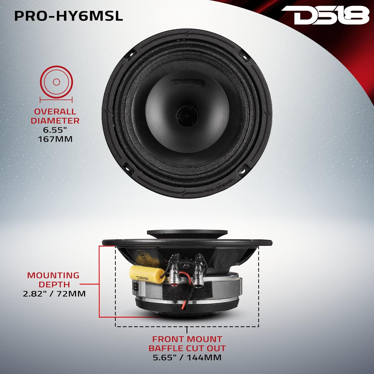 DS18 PRO-HY6MSL 6.5" Shallow Hybrid Mid-Range Car Audio Loudspeaker with Built-In Driver and Grill Included 300W Max 150W RMS 8 Ohms (1 Speaker)