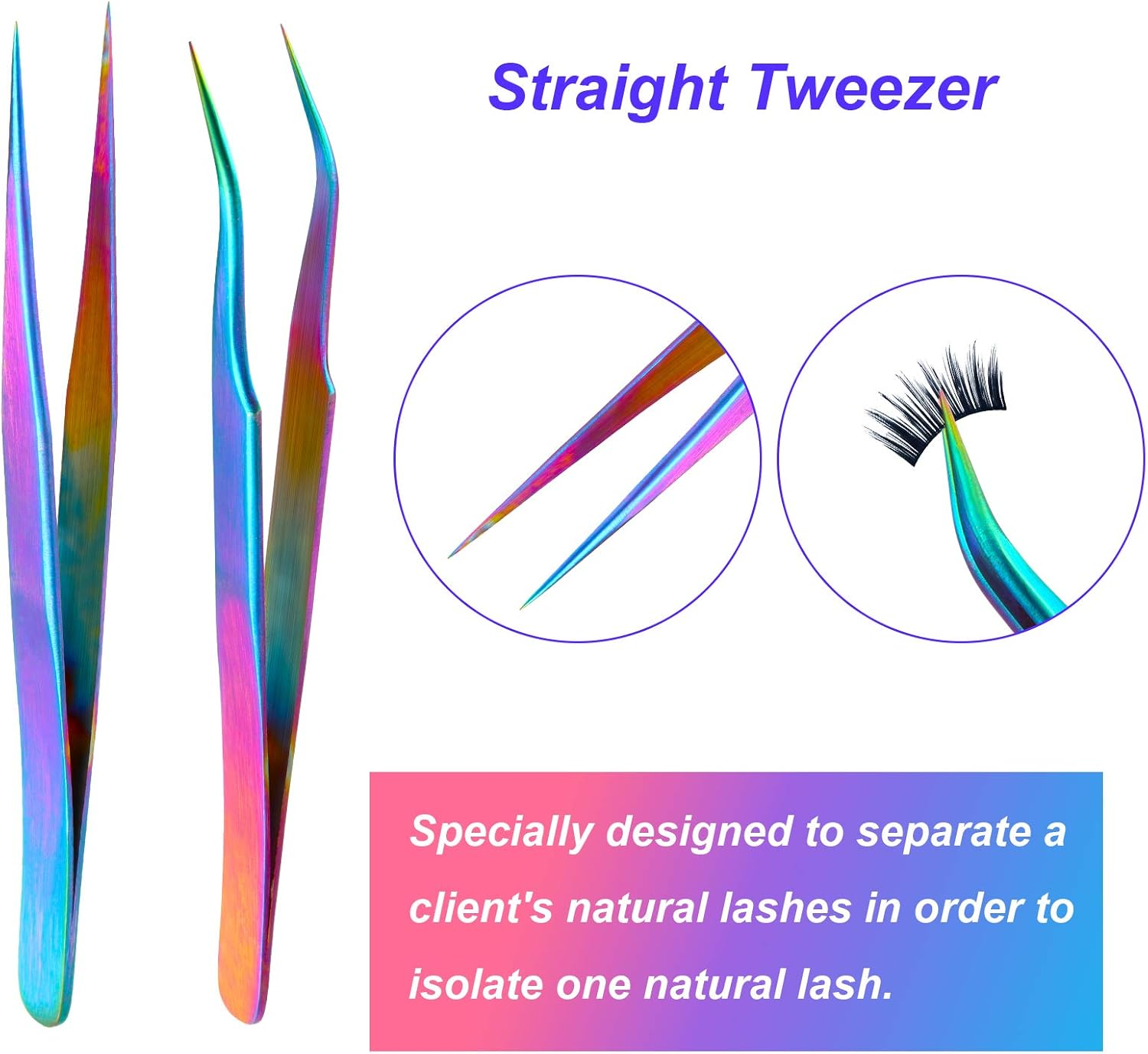 2 Pieces Straight and Curved Tip Tweezers Eyelash Extension Tweezers, Stainless Steel False Lash Application Tools (Iridescence)