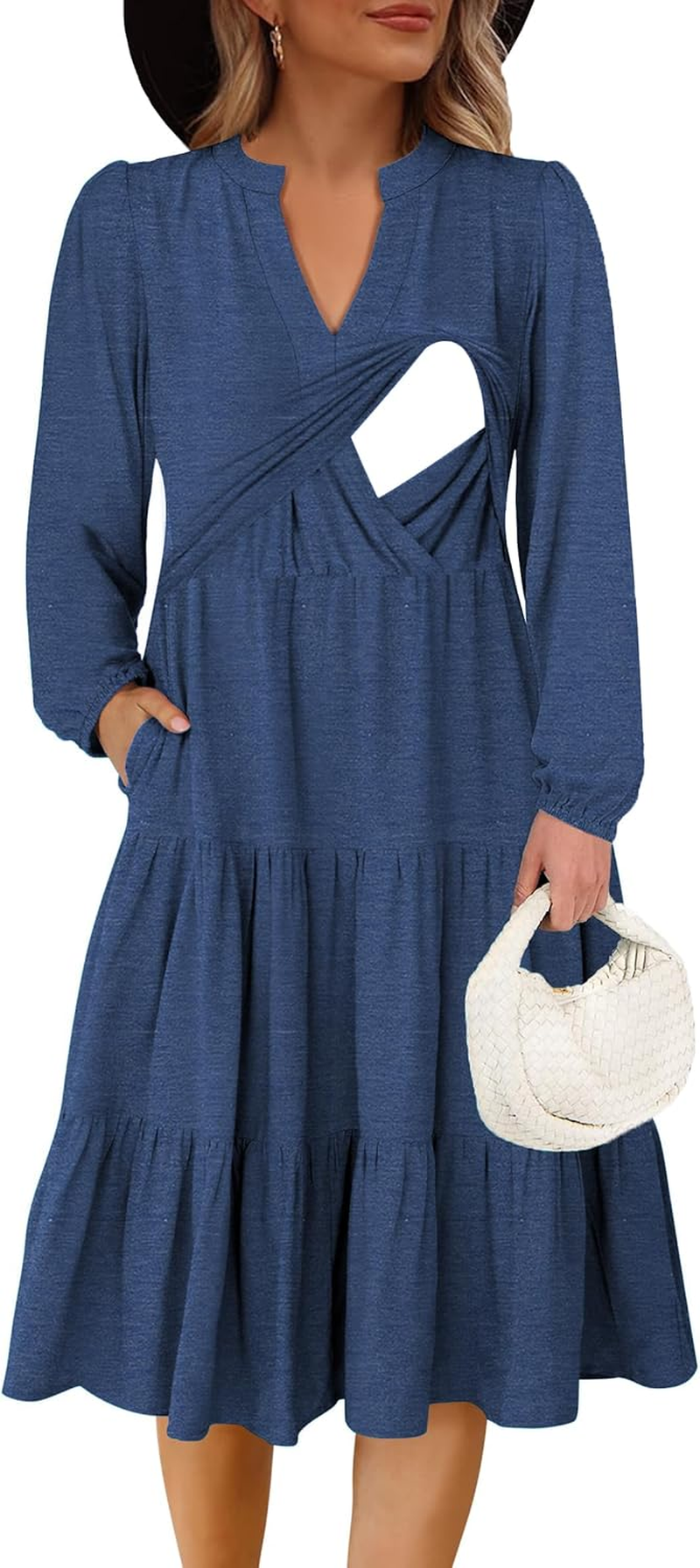 Womens Nursing Midi Dress Breastfeeding Long Sleeve V Neck Fall Fashion Tiered with Pockets