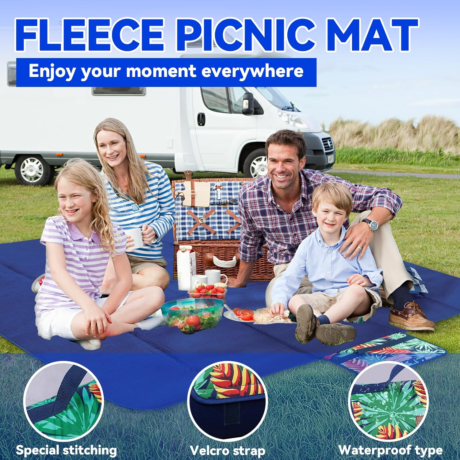 Lazy Dayz Fleece Picnic Rug Portable Outdoor Camping Mat Durable Fabric Foldable Waterproof Large Size Lightweight Beach Mat W/Carry Strap image number 2