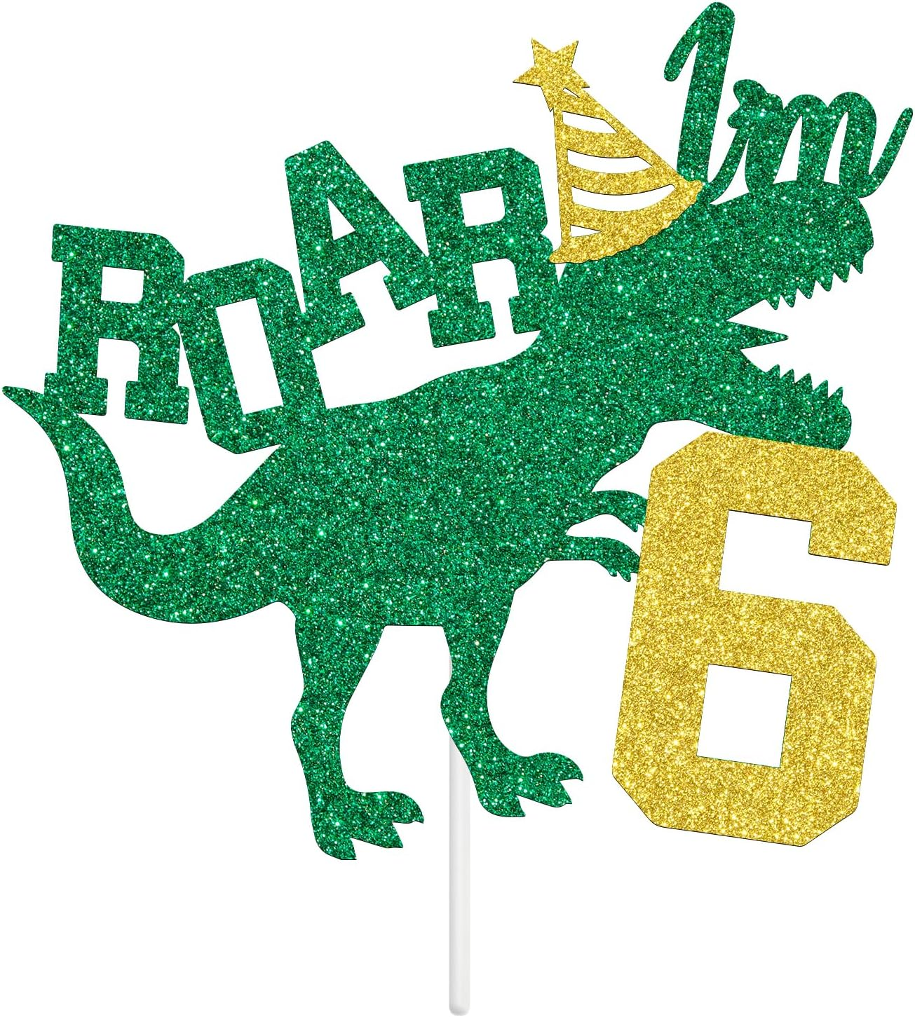 Ferburitar Roar I'M 6 Cake Topper, Dinosaur Jungle Safari Cake Topper for Boys Girls, Happy 6Th Birthday Party Decorations Supplies for Kids, Gold and Green Glitter image number 1