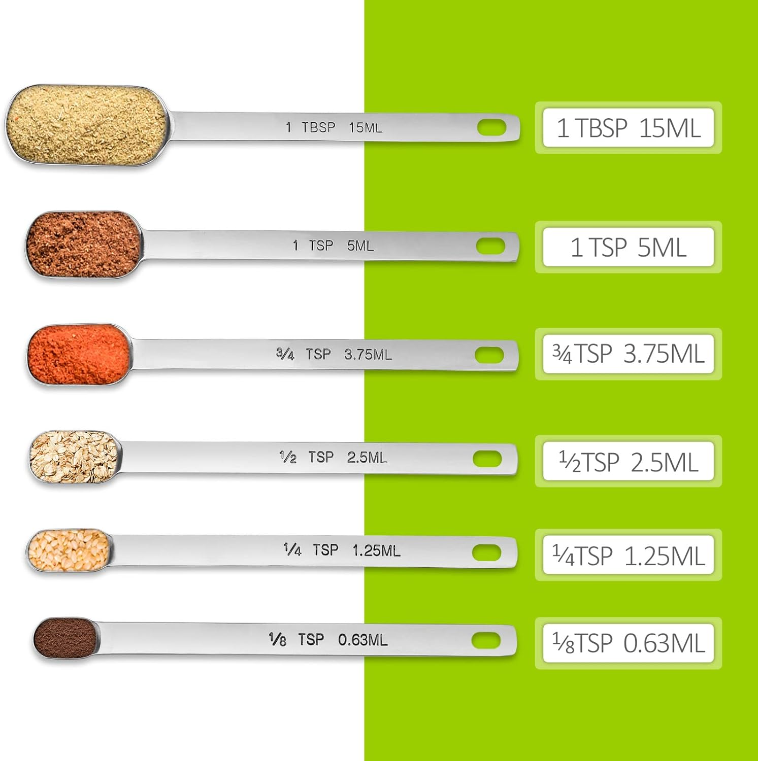 Long Handle Measuring Spoons Set of 6, Stainless Steel Measure Teaspoons, Metal Rectangular Bowl Tablespoon image number 5