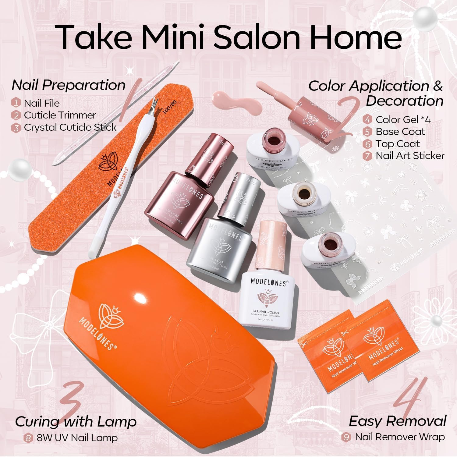 Modelones Gel Nail Polish Kit with U V Light, 4 Colors Gel Mini Salon, Base&Top Coat and Stickers, Milky White Nude Pink Glitter Fall Manicure Set, DIY Home Nail Art Decoration Kit, Gift for Women