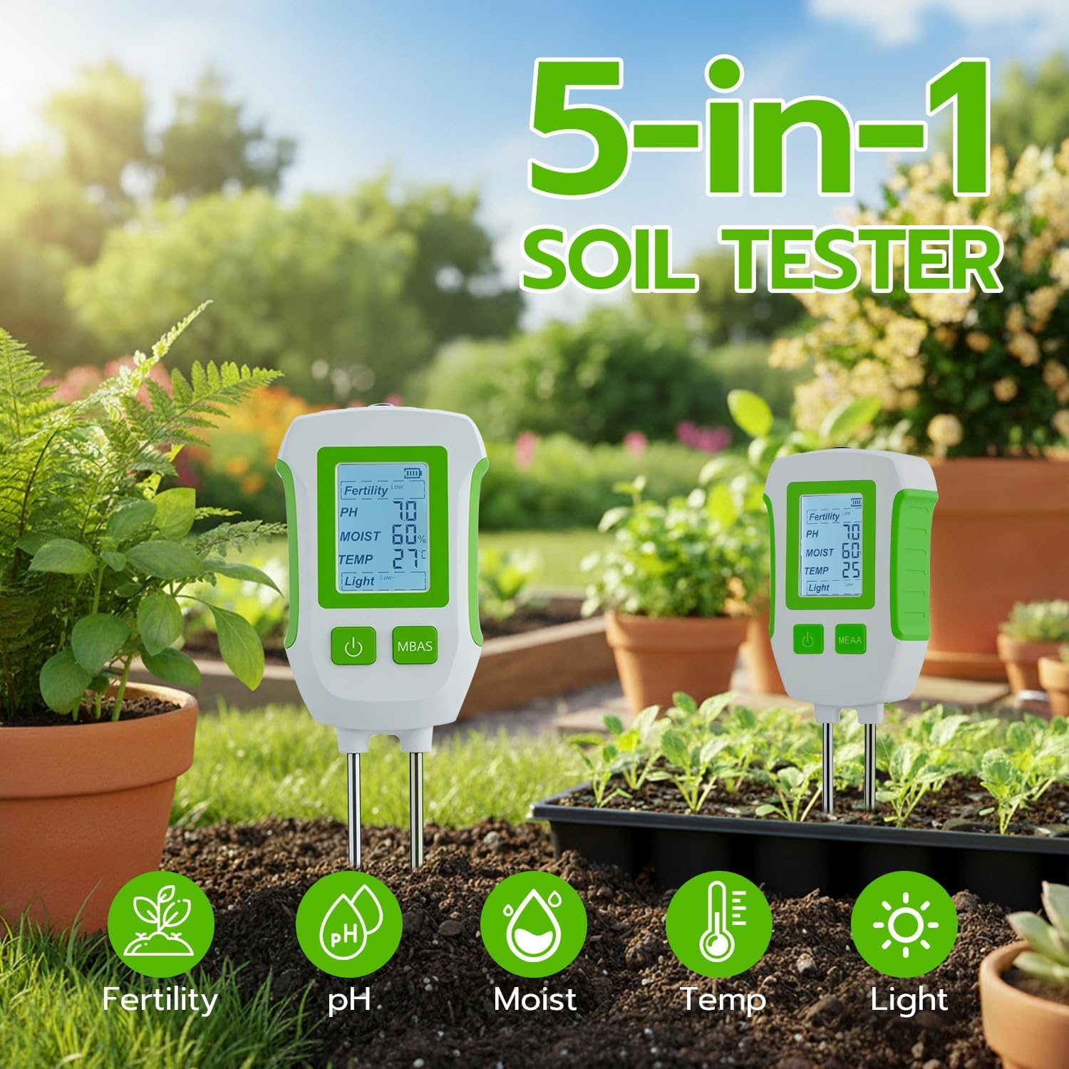 Mcbazel 5-In-1 Soil Tester with Backlit Lcd&Dual Probe-Digital Soil Ph Meter,Moisture Meter for Fertility,Temp,Light-Soil Test Kit for Gardening,Lawn,Farming,Potting Soil,Indoor&Outdoor Plants