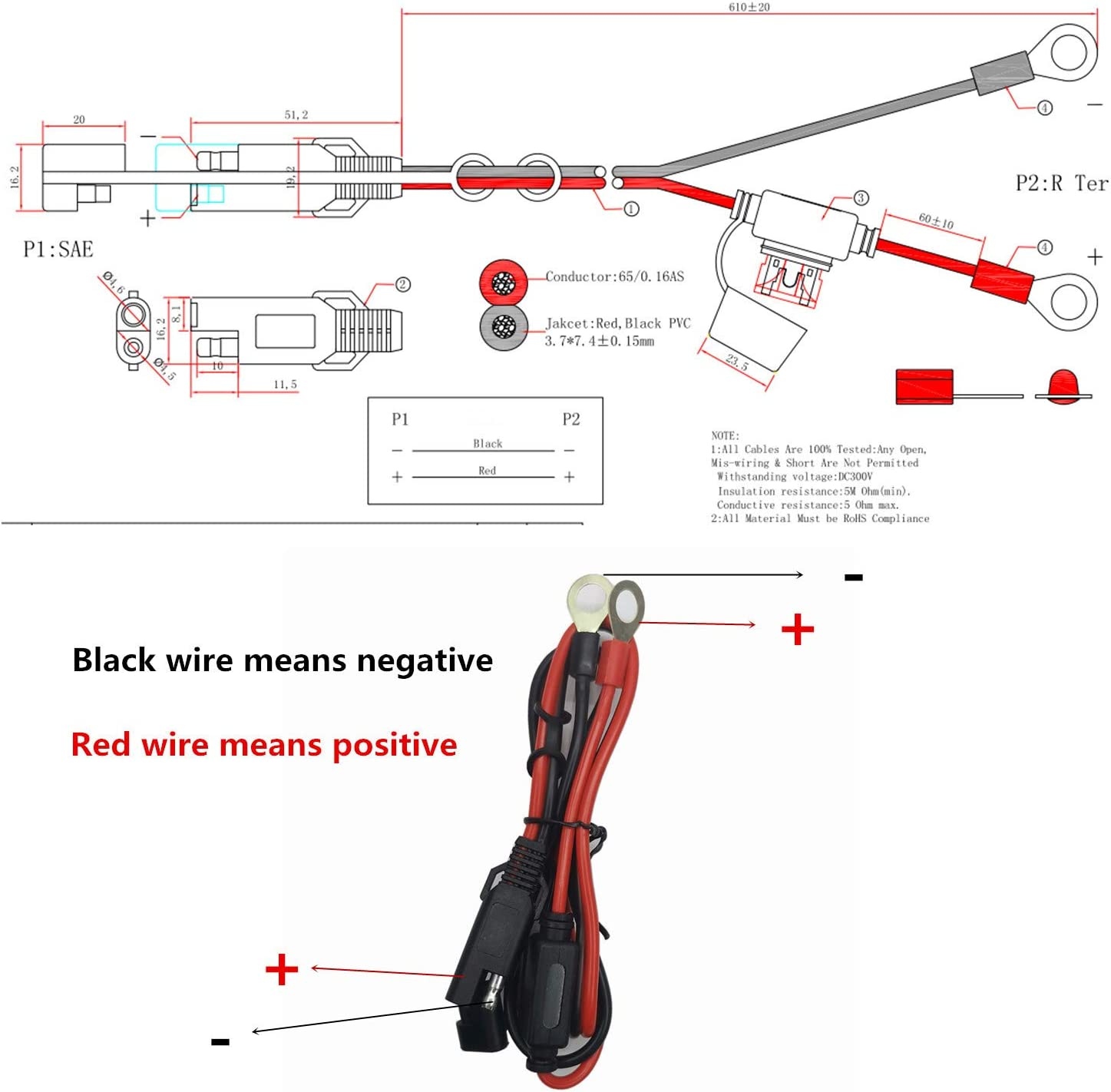 SAE Battery Connector - SAE to O Ring Terminal Harness Cable 12V- 24V Motorcycle Battery Charger Cord with 2 Pin Quick Disconnect Plug SAE Wire Harness Reverse Polarity Adapter 10 Pack image number 5