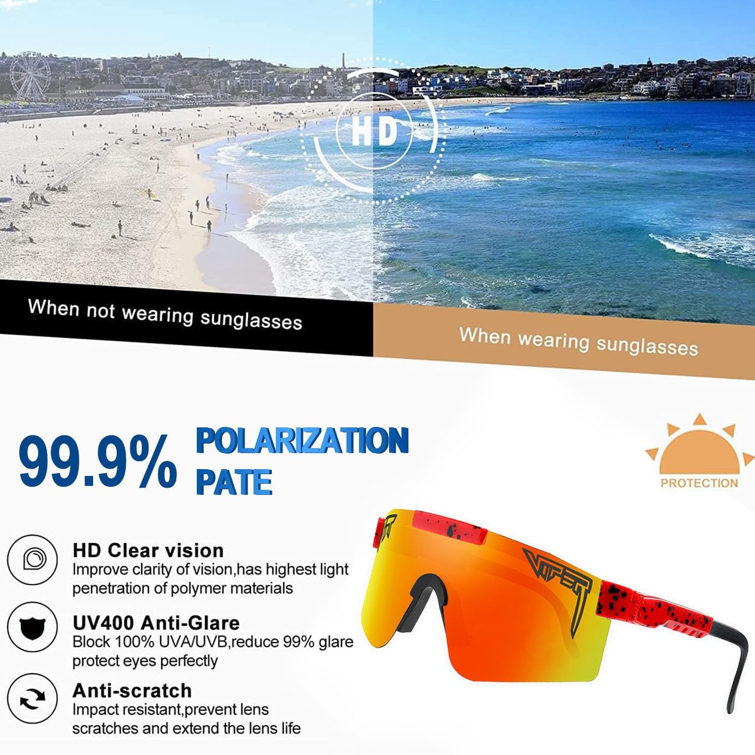 Polarized Sports Sunglasses the Original Sunglasses Wide Fit Blue Lens Windproof Sports Eyewear Unisex Sports Goggles Outdoor Eyewear Ideal for Driving Running Climbing Fishing and Golf