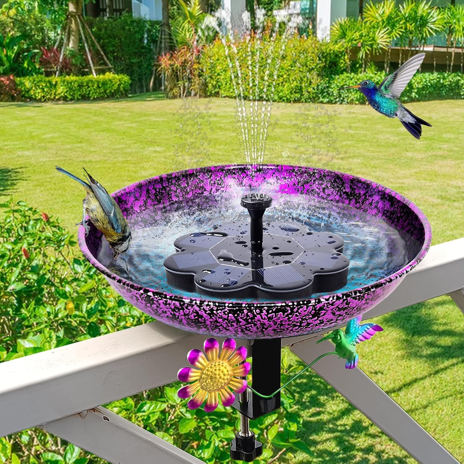 Deck Bird Bath for Outdoors, 11 Inch Colorful Purple/Blue Metal Birdbath Bowl Adjustable Steel Clamp Mounted Garden Bird Bath Feeder for Railing Balcony Outdoor Decor Yard Art image number 3