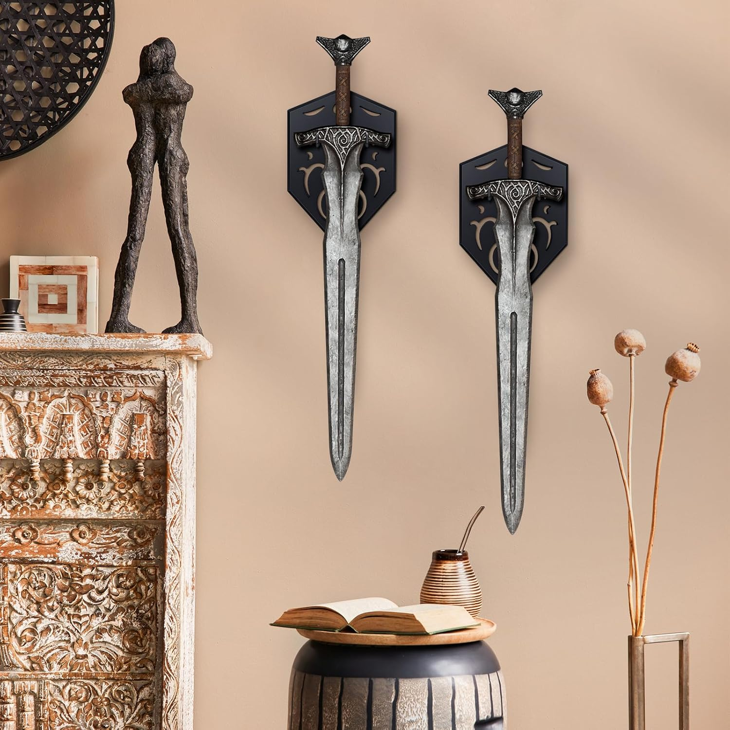 GAHEUNBB Sword Wall Mount Vertical Display Rack with Hollow-Carved Design Wall Holder for Medieval Swords Bows Axes & Props, Black