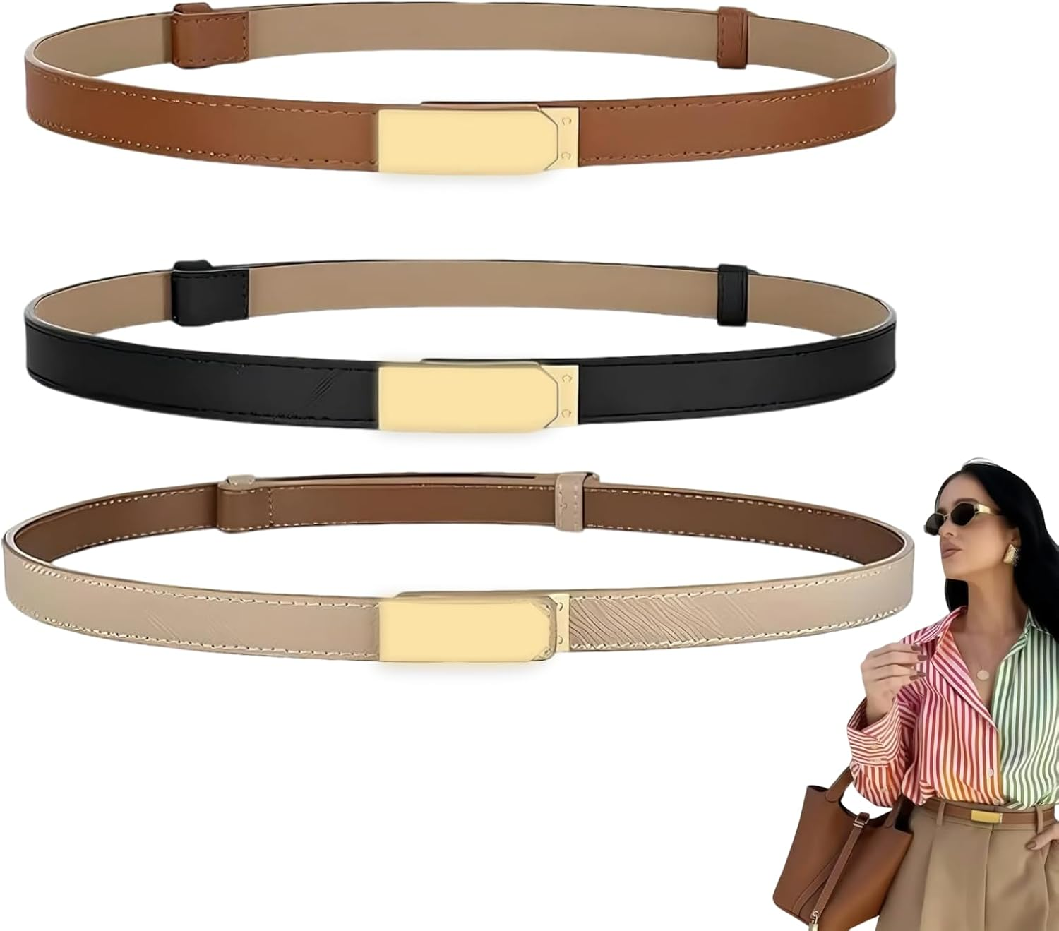 3-Pack Women'S Skinny Leather Belts with Adjustable, Turn-Lock Buckle, Fashion Accessory for Dresses, Jeans, Coats, Durable, Stylish, Perfect for Casual and Formal Wear, Fits Waist Sizes 20-34 Inches image number 2