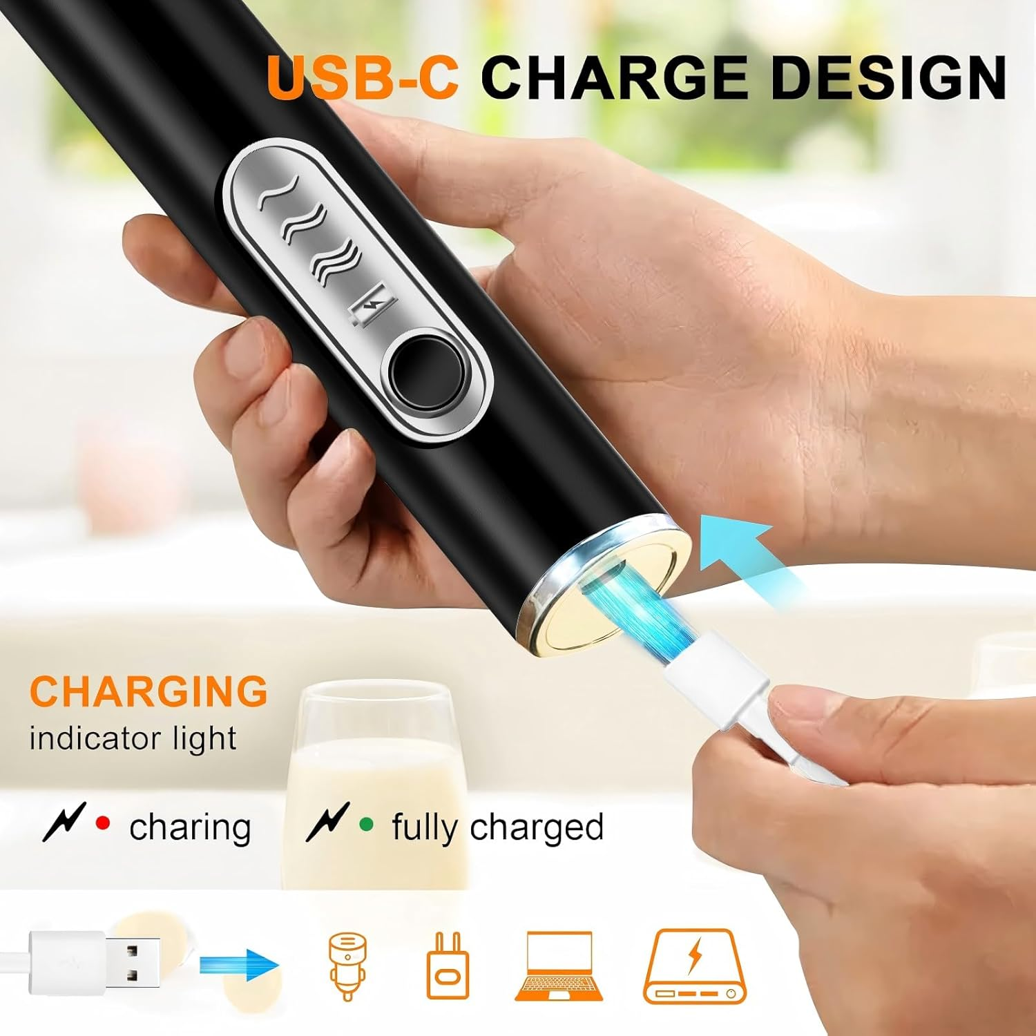 Kitchen Powerful Milk Frother, Rechargeable Milk Frother, 3-Speed Electric Handheld Frother for Coffee, Drink Mixer, Whisk Foam Maker for Coffee, Matcha, Hot Chocolate & Creamer - Black image number 6