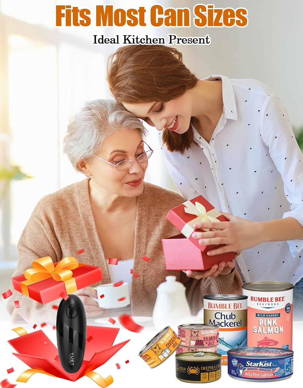 YUET Electric Can Opener, Automatic One-Touch Tin Openers, Ergonomic, Smooth Edge, Portable Kitchen Gadget Tool for Seniors with Arthritis, Fits All Cans Sizes, 4 AA Batteries Required (Not Included) image number 3