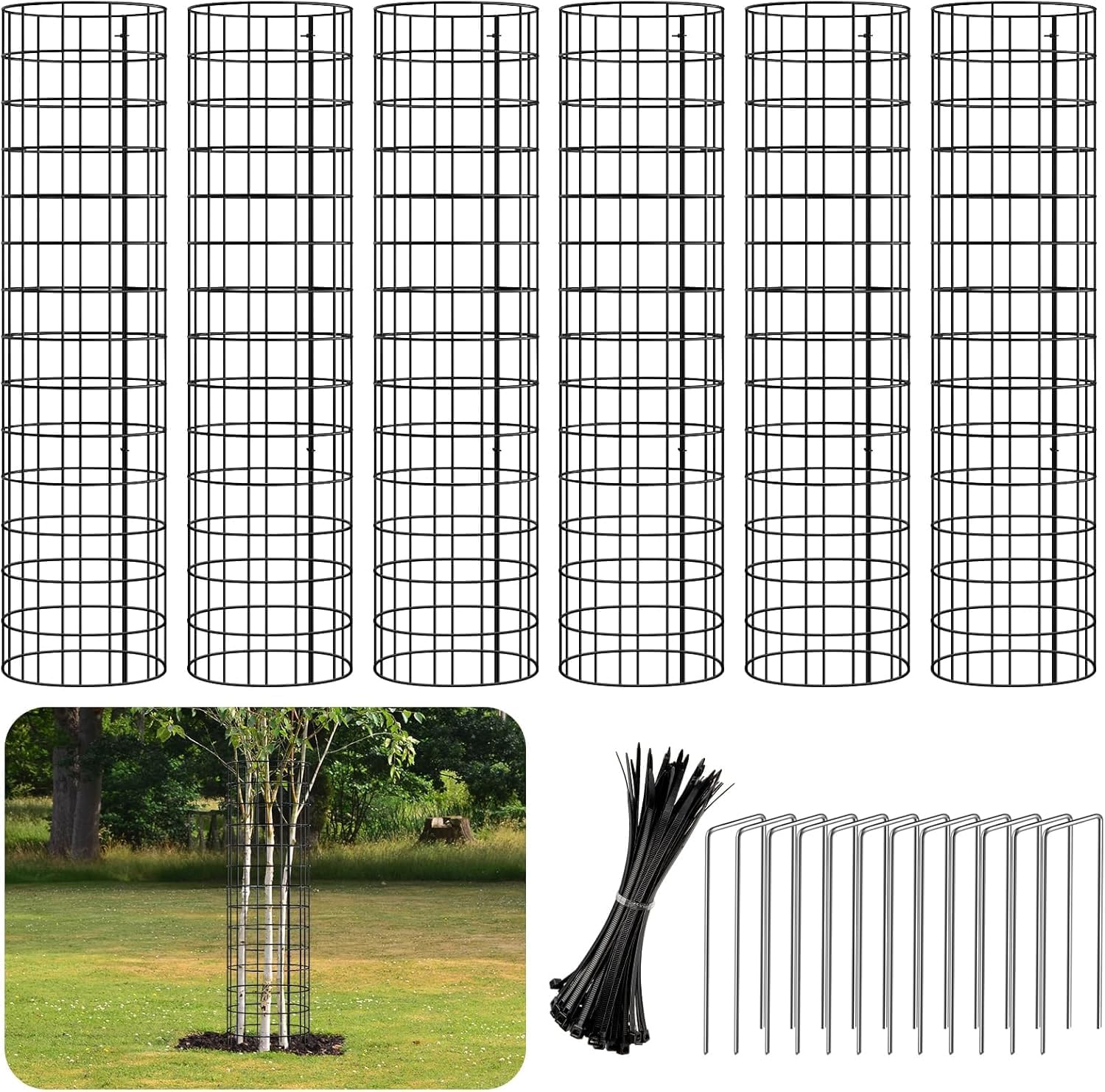 6 Pcs Plant Protectors from Animals, Tree Protector Kit with 12 Ground Nails and 60 Zip Ties, Plant Cages for Outdoor Plants, Protection Tree Wrap Cage for Garden to Protect Bark, Black image number 2