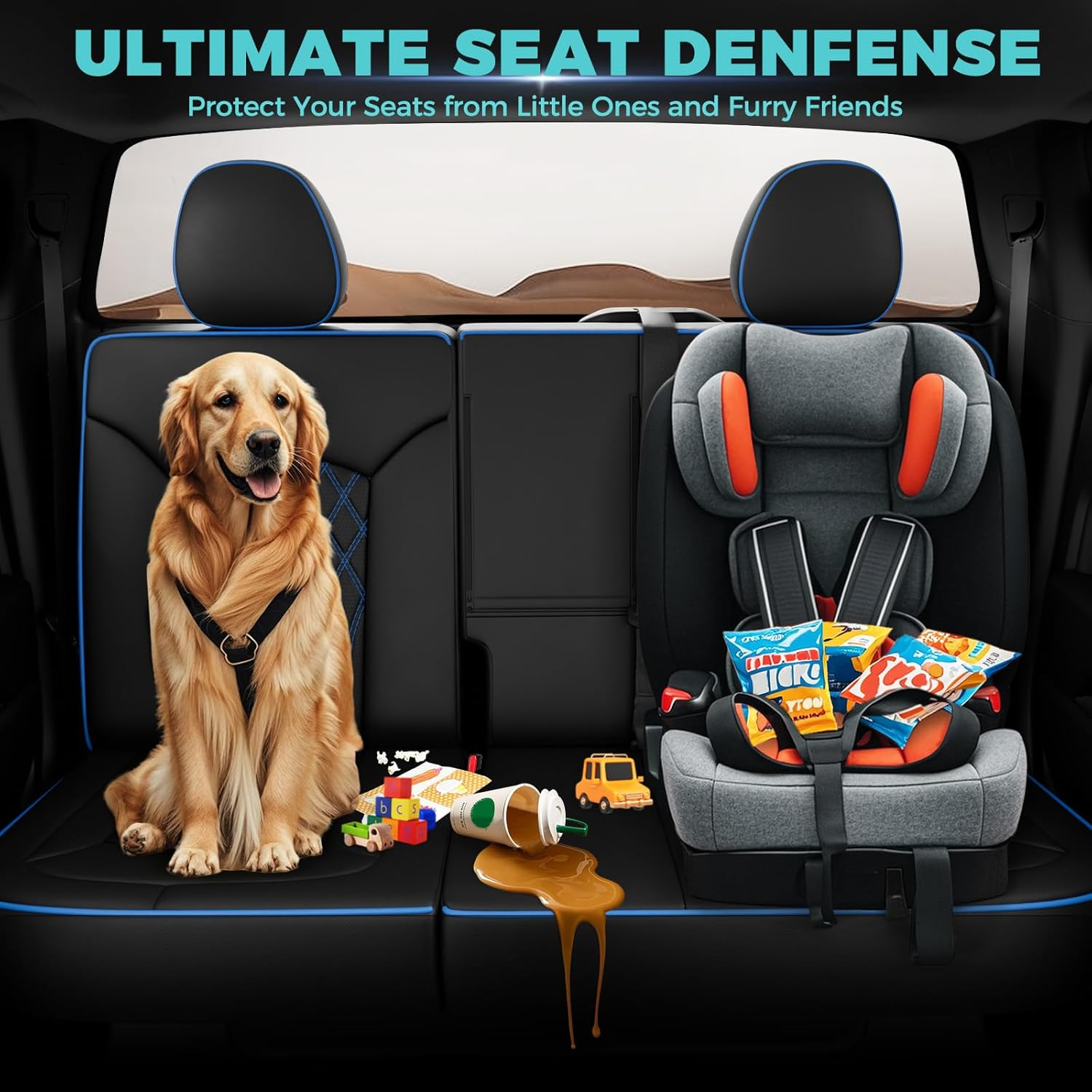 FEINEPRO Custom for Chevy Colorado 2015-2022 Crew Cab Extended Cab Z71 LT ZR2 - Faux Leather Pickup Seat Covers for Colorado Accessories (Black Blue, Full Seat/2015-2022 Crew Cab) image number 3