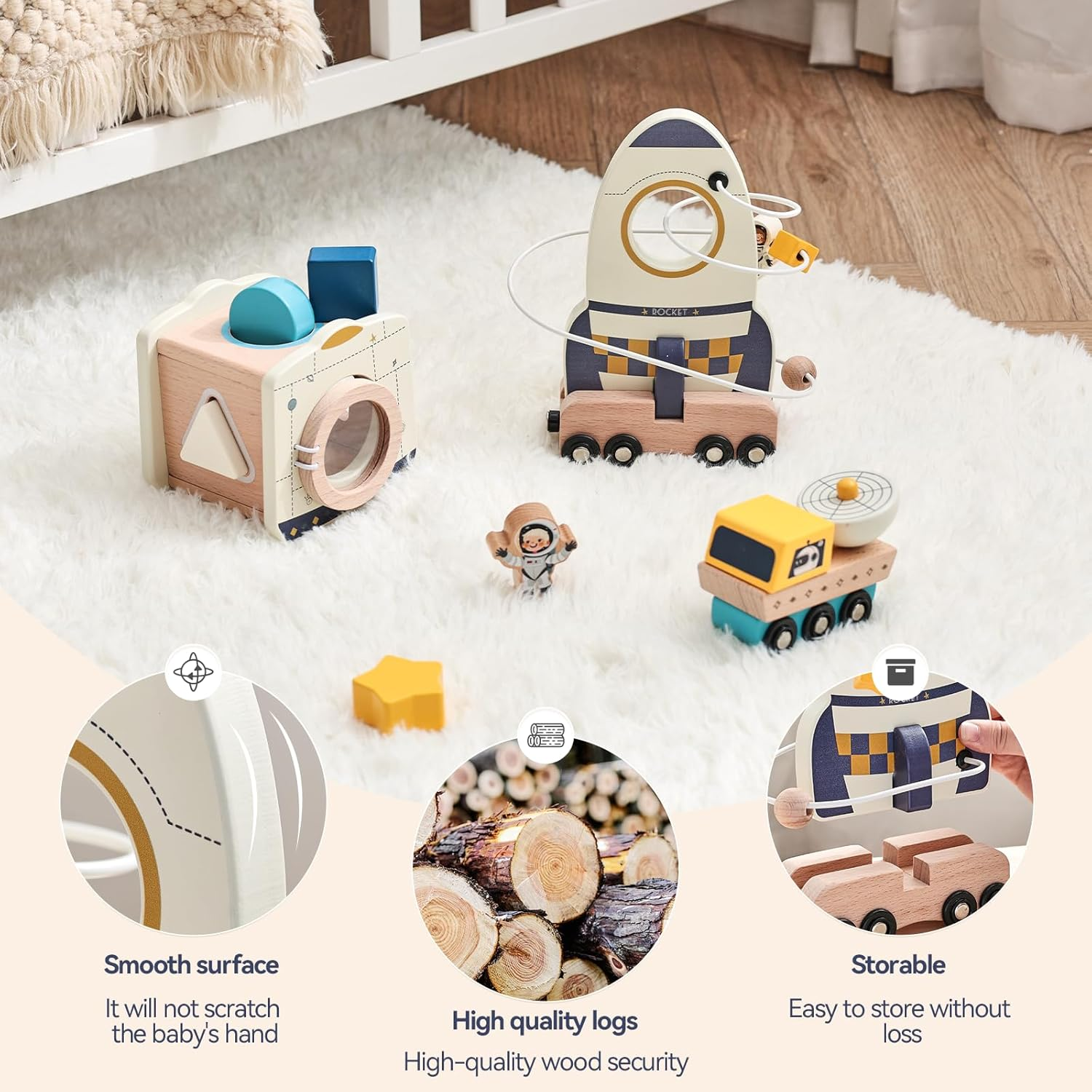 Rocket Space Toys Montessori Toys for Toddlers 1 2 3 Year Old Boy and Girl Baptism Birthday Gift Baby Toys with Shape Sorter Stacking