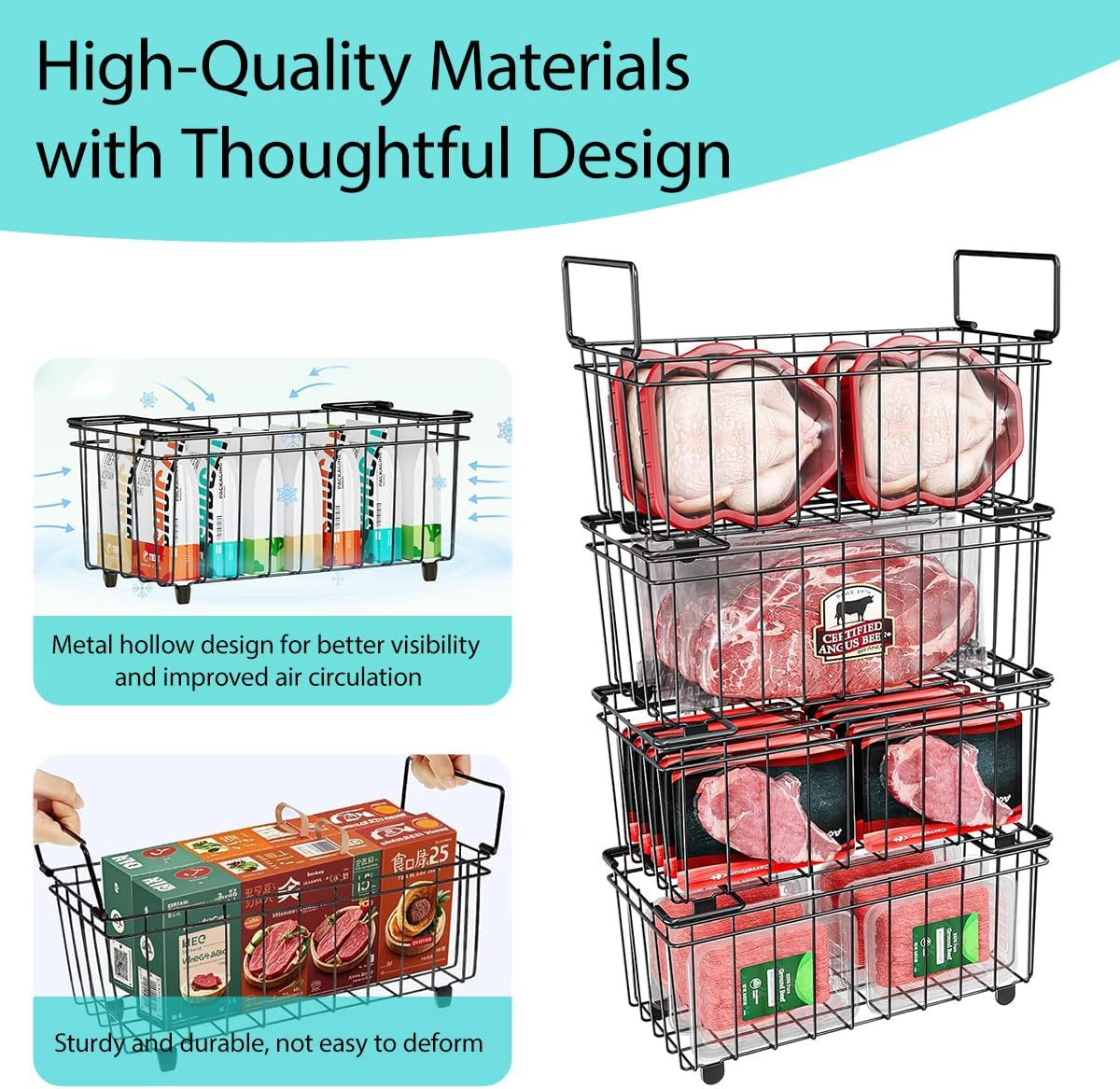 Blissify 4 Pack Chest Freezer Organiser, Freezer Organizer Bins with Foldable Handle, Stackable Metal Deep Freezer Baskets Sort Frozen Meats & Food with Better Space Utilization (37&times;18&times;15Cm)