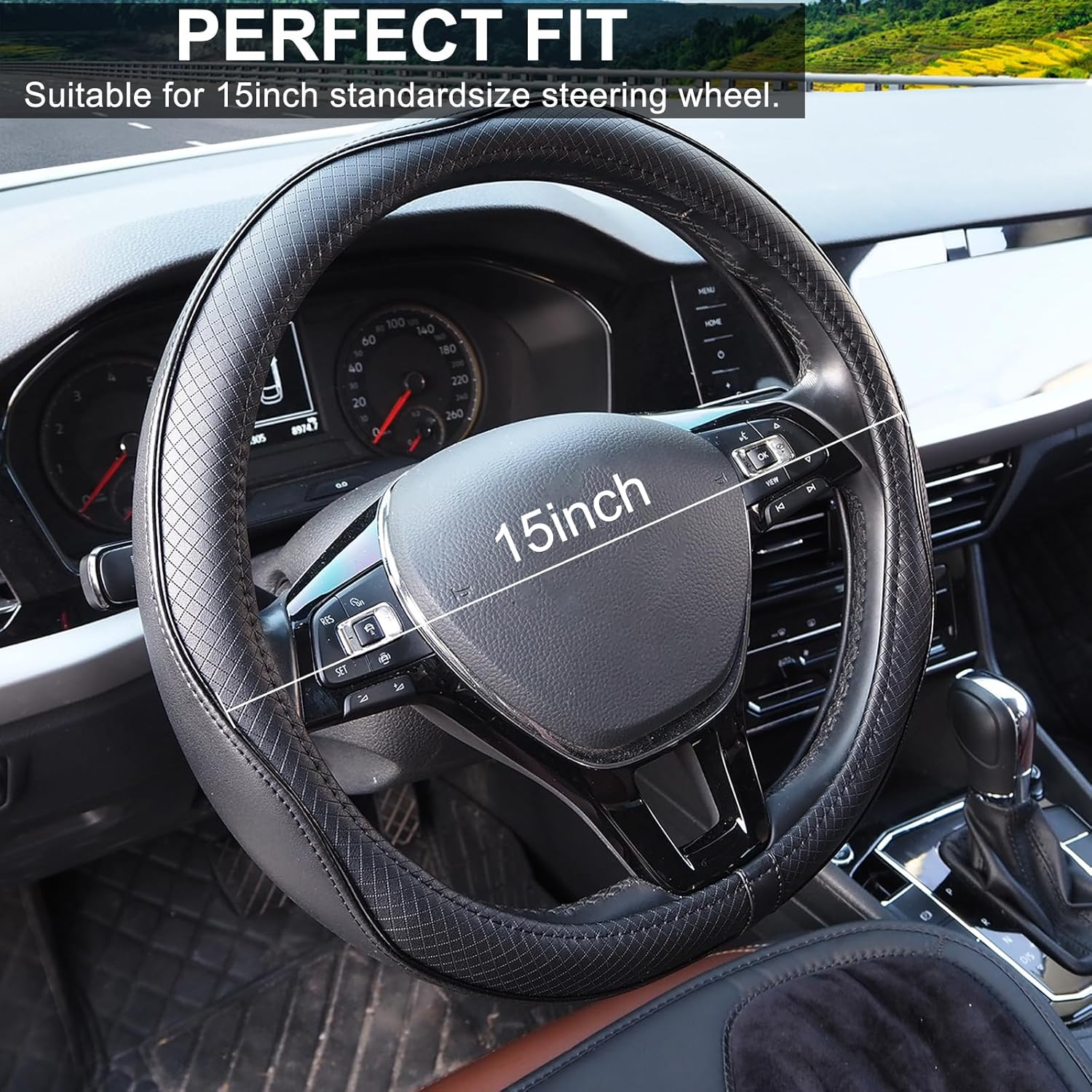 Nappa Leather Car Steering Wheel Cover, anti Slip, Thin, Breathable, Odor-Free, Universal 14.5-15 Inches Fit, Car Steering Wheel Cover Full Surround Aeecssories (Black-Nappa Leather) image number 5