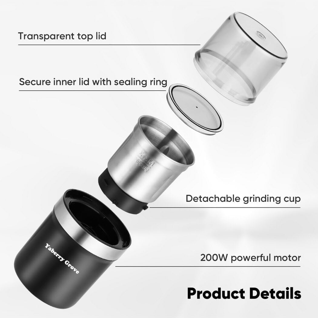 Yaberry Grove-Coffee Grinder Electric, Herb Grinder, Spice Grinder, Coffee Bean Grinder, Espresso Grinder with 2 Removable Stainless Steel Bowl image number 6