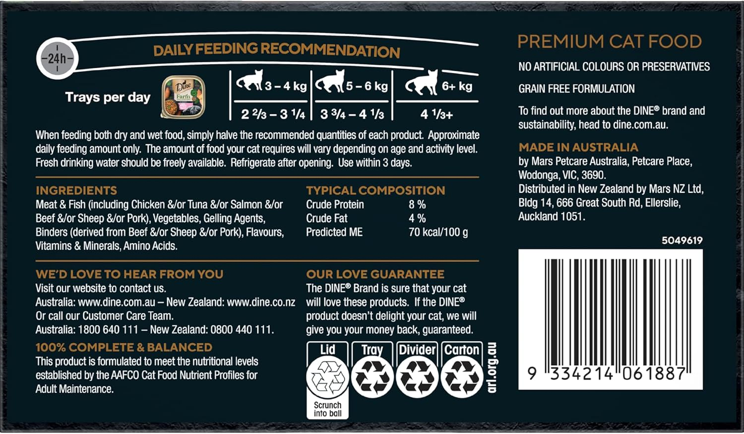 Dine Farm Collection Wet Cat Food Salmon, Sweet Potato, Spinach in Sauce 85G Tray, 42 Pack image number 4