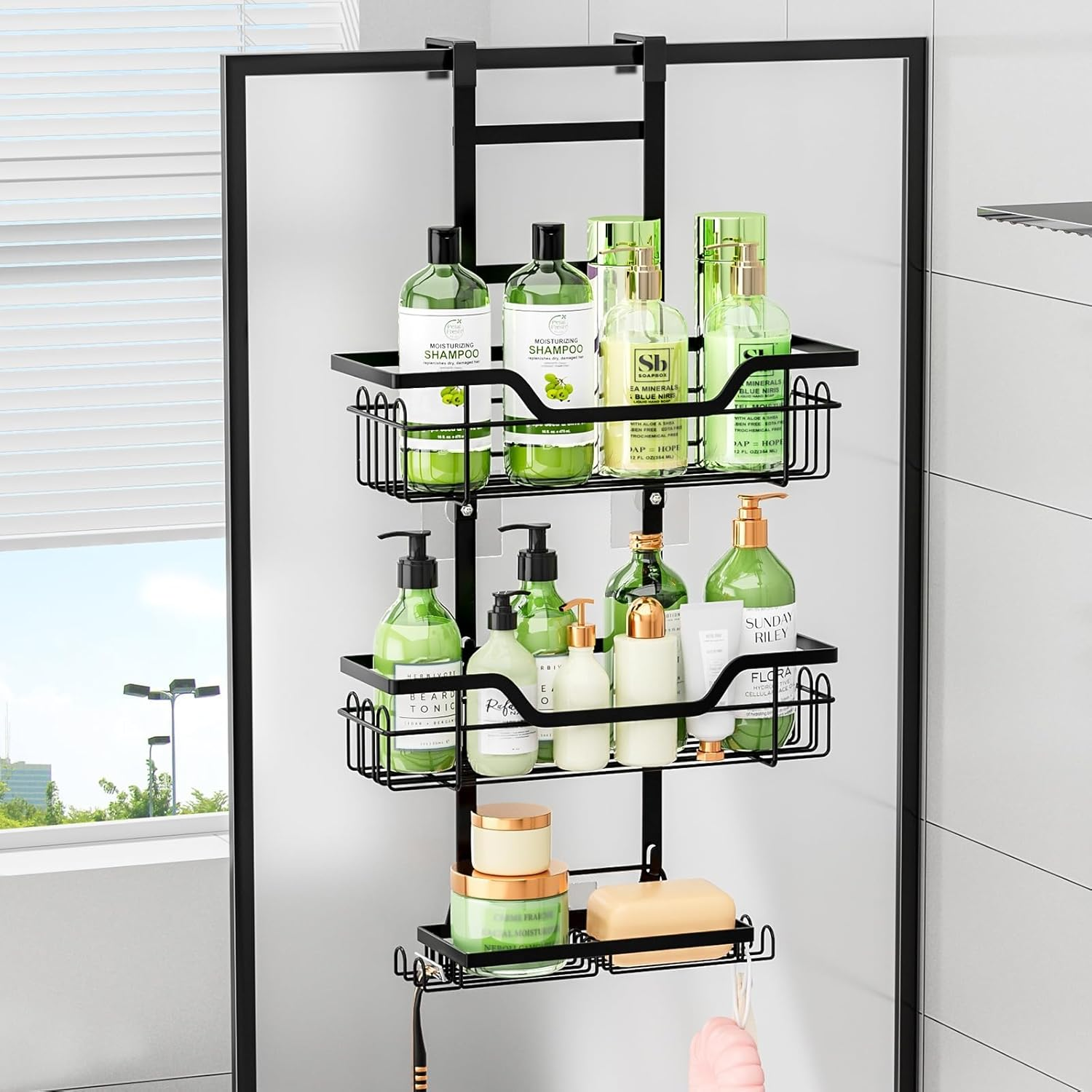 Black over Door Shower Caddy - 3-Tier Space-Saving Organiser for Bathroom/Laundry/Kitchen Storage, Rustproof & No Drilling Required - Hanging Shower Shelf for Home & Rental-Friendly image number 2