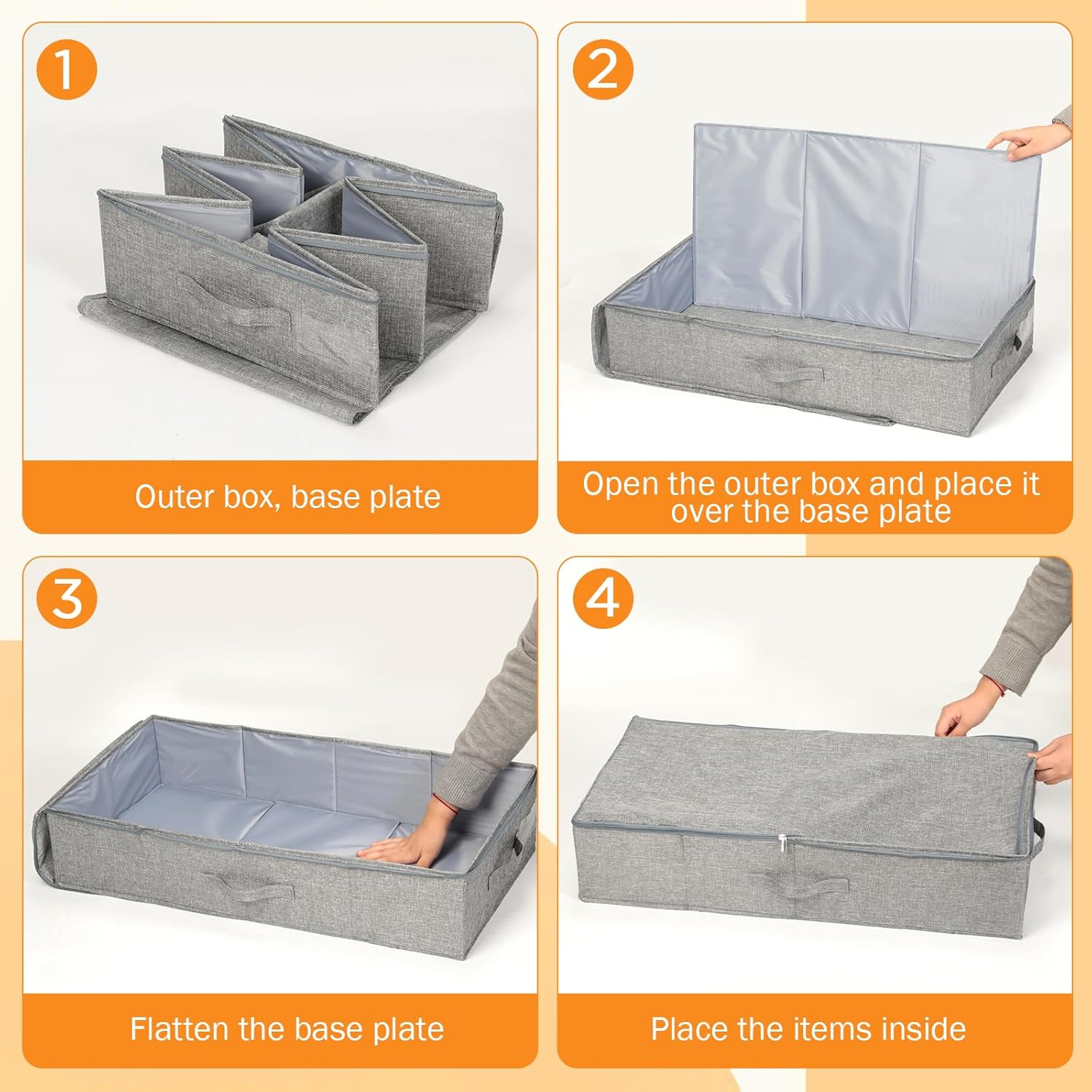 Romon Storage Box with Lid, Pack of 2, 50 L Underbed Storage and Organisation, Made of Reinforced Linen for Dresses and Bedding, Foldable Large Underbed Storage with Label Compartment, Grey