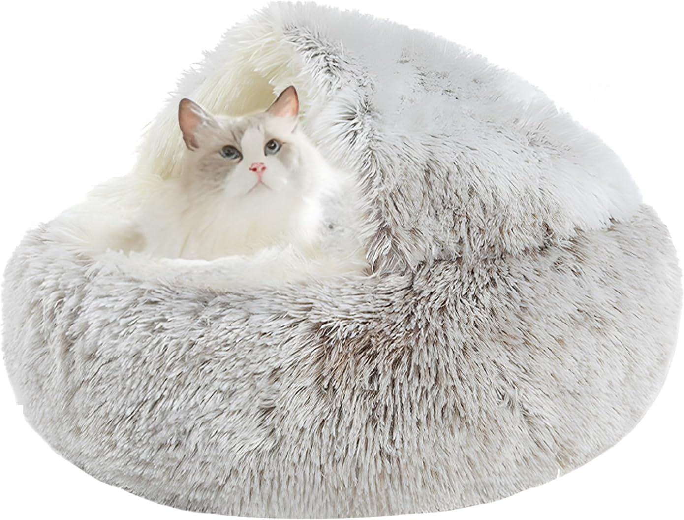 Cat Bed round Soft Plush Burrowing Cave Hooded Cat Bed Donut for Dogs & Cats, Faux Fur Cuddler round Comfortable Self Warming Pet Bed image number 2
