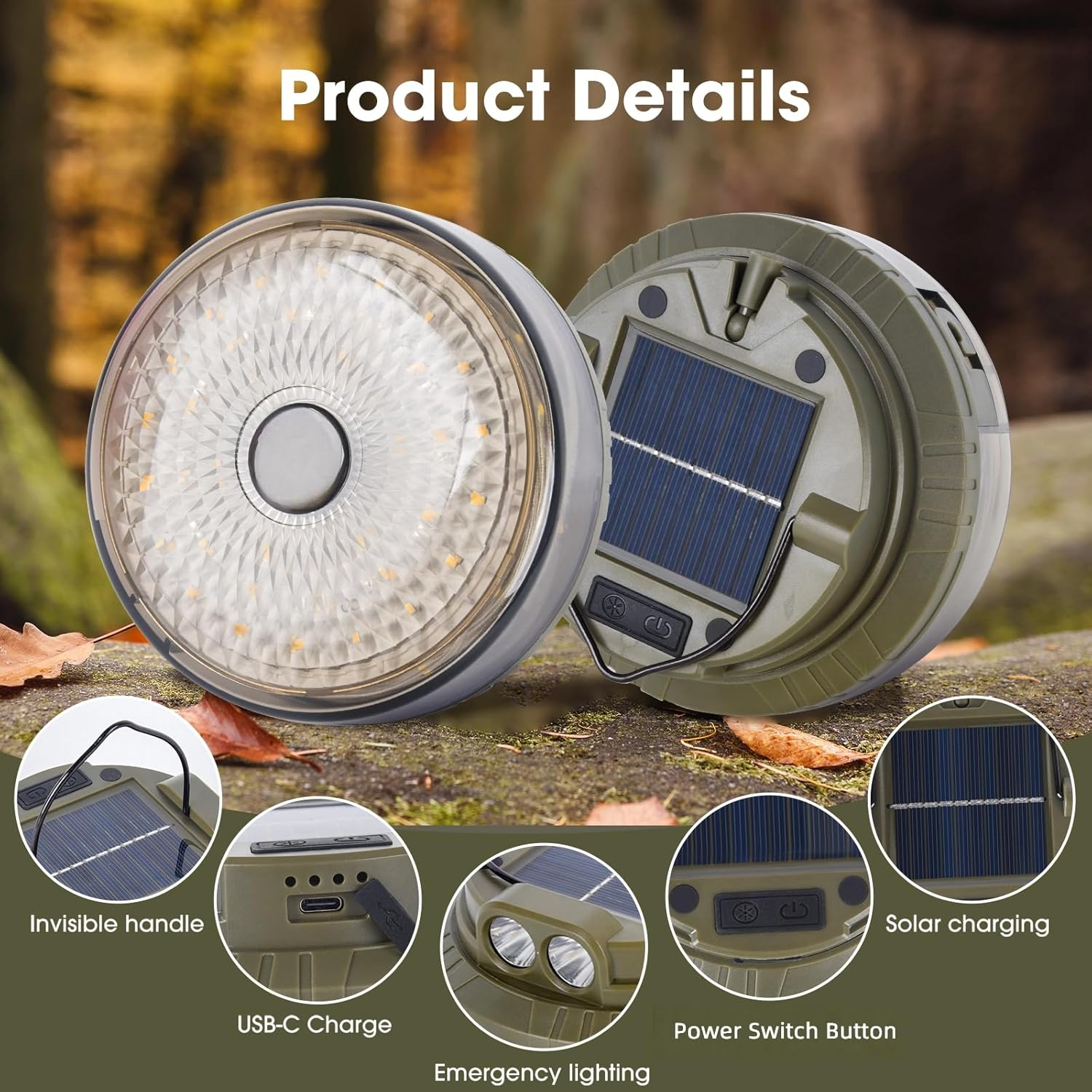 Solar Camping String Lights Outdoor, Portable Outdoor Waterproof Retractable,20M 3000Mah 4 in 1 Camp Light with 9 Modes, Solar&Usb Rechargeable Tent Lights,For Camping,Hiking, Yard,Rv image number 3