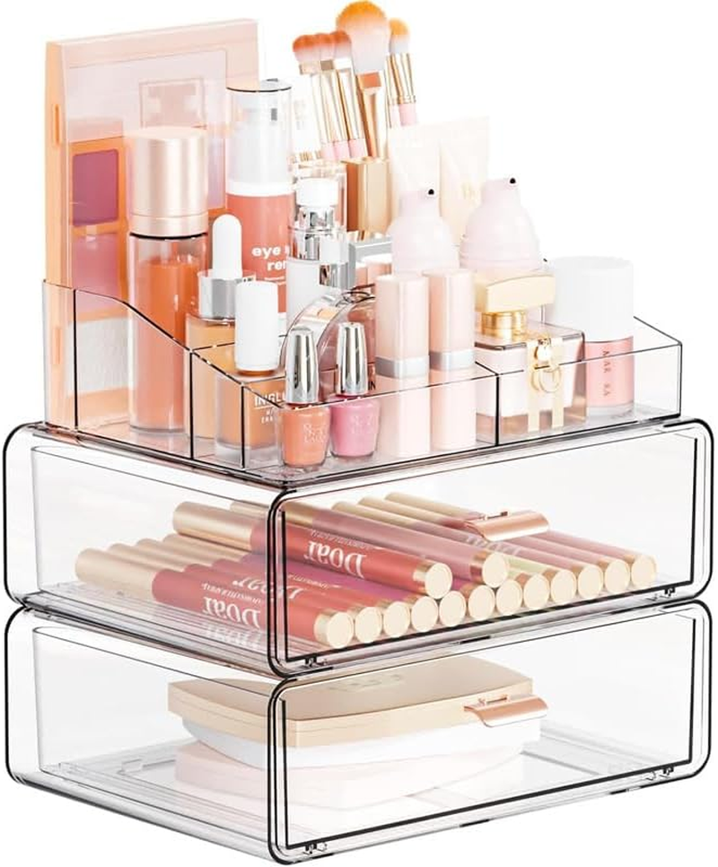 3-Tier Clear Stackable Acrylic Makeup Organizer with Drawer, Vanity Bathroom Countertop Cosmetic Display & Storage Case for Lipstick Brushes Skincare Perfume Jewellery Nail Polish image number 4