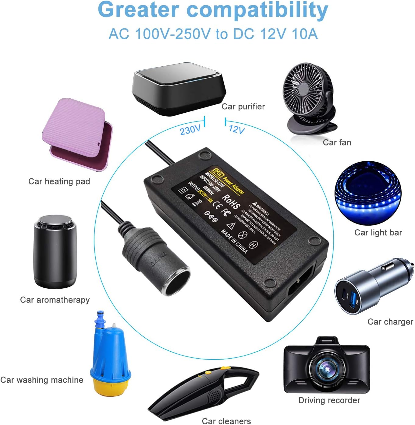 BYGD AC to DC Converter, 100V ~ 240V to 12V 10A 120W, Car Cigarette Lighter Socket AC/DC Power Supply Adapter Transformer for Tire Inflator, Car Refrigerator, Car Vacuum Cleaner, and Other Car Devices image number 1