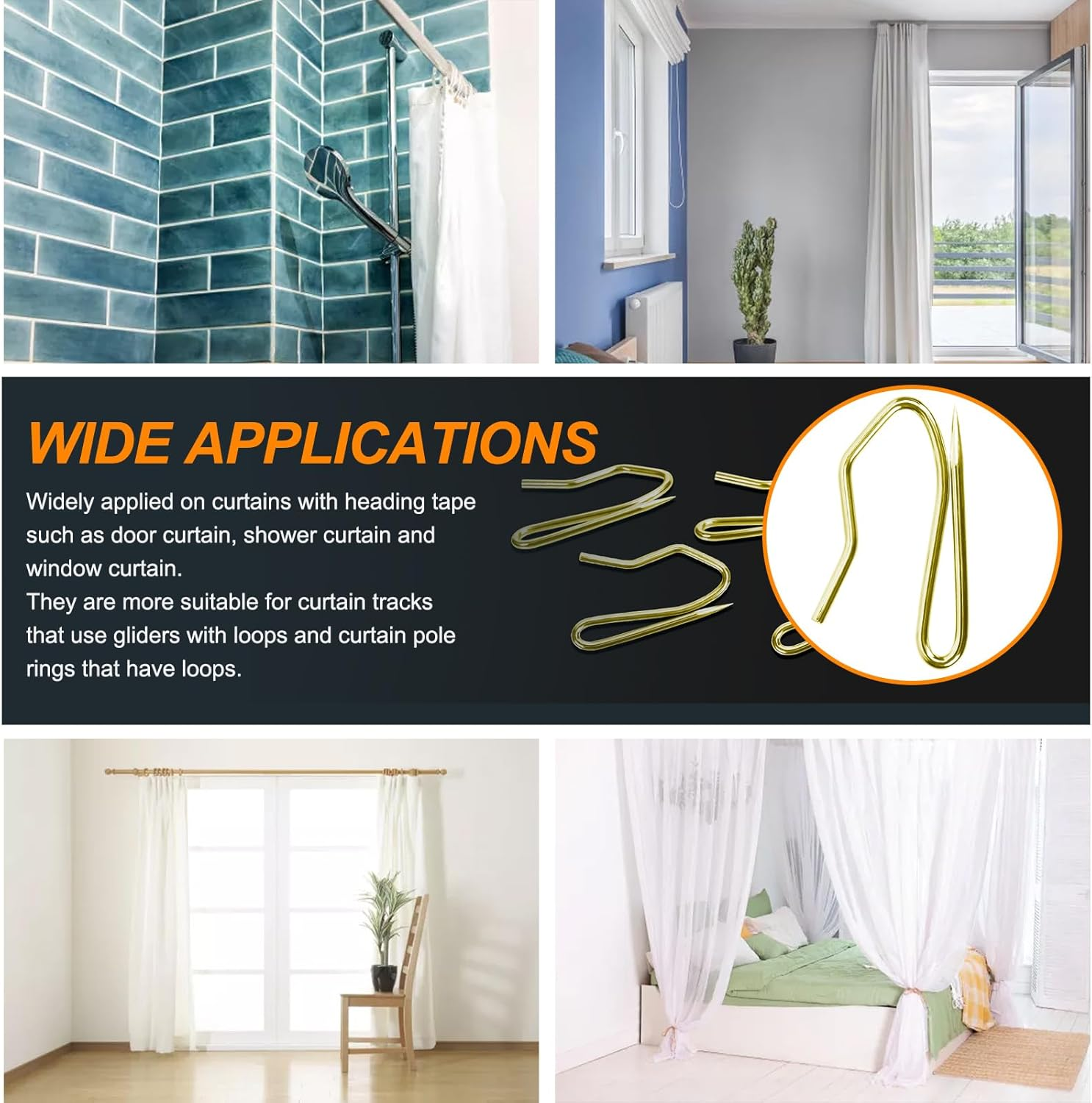 Rustark 58Pcs Bronze Metal Curtain Hooks - Stainless Steel Heavy Duty Pin-On Drapery Hooks for Pinch Pleat Drapes, Window, Door and Shower - Track Hook image number 5