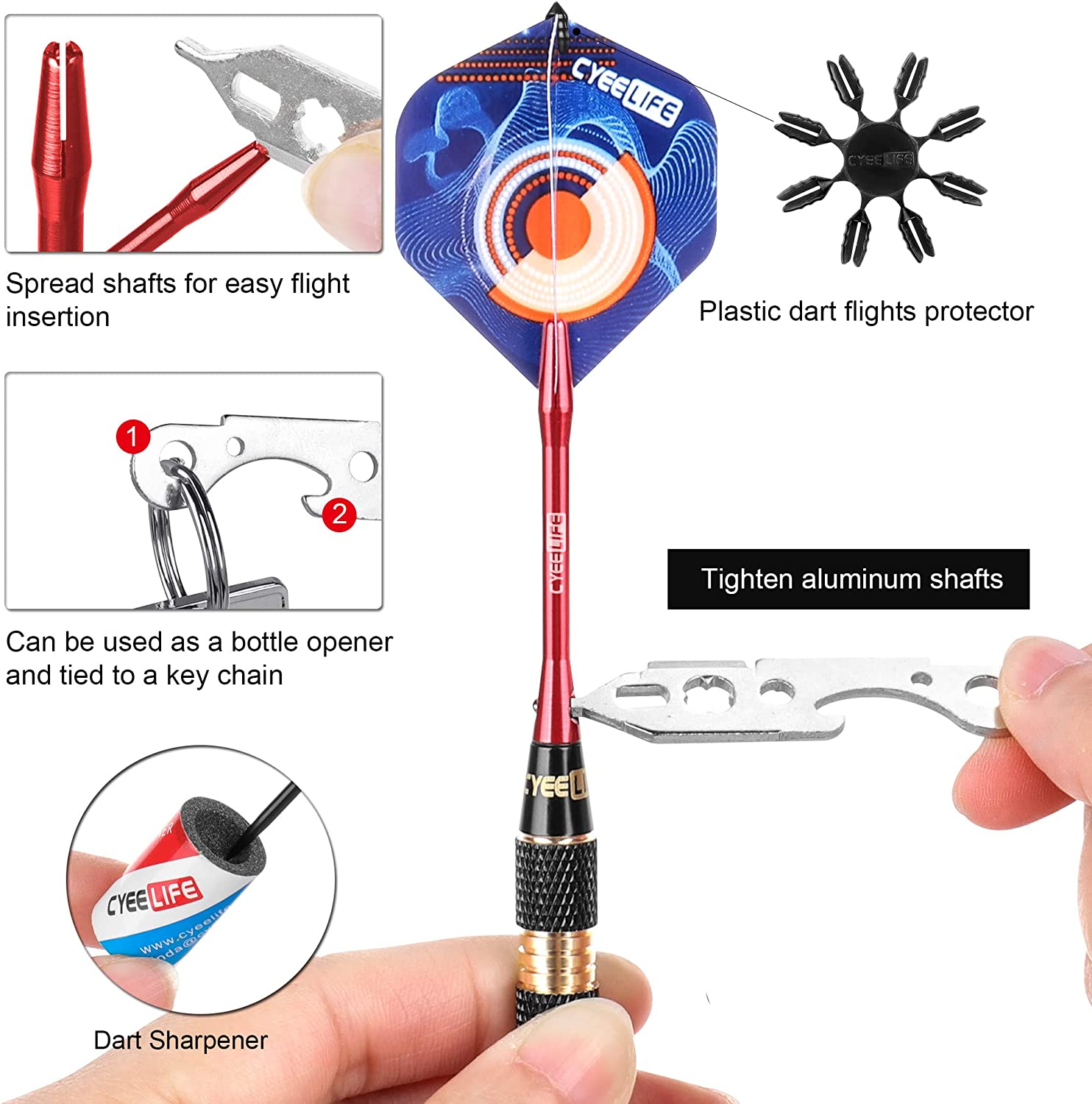 Cyeelife Professional Steel Tip Darts 32G with Aluminium Shafts,Sharpener,Tool and Extra Flights,Pro Brass Darts Set image number 4