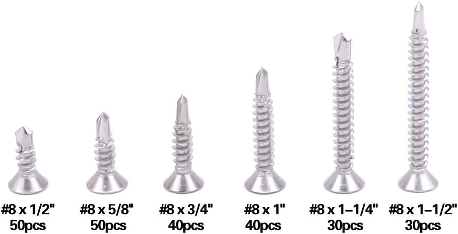 Hilitchi 410 Stainless Steel Flat Head Phillips Self Drilling Screws Sheet Metal Tek Screws Assortment Kit, Modified Truss Head Self Driller - Size: #8 X 1/2" ~ #8 X 1-1/2" (Pack of 240) image number 4