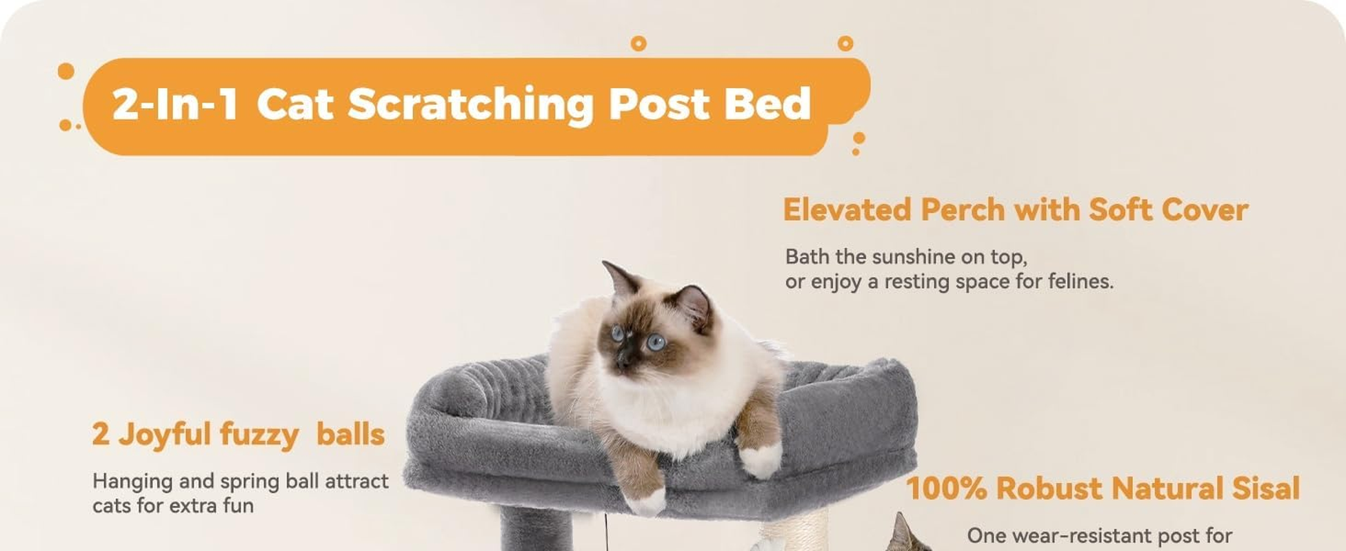 Cat Tree Scratching Post with Soft Perch Nest Sisal-Covered Scratch Posts and Pads， and Cat Toy with Two Plush Balls Is Perfect for Playing with Kittens and Cats image number 2