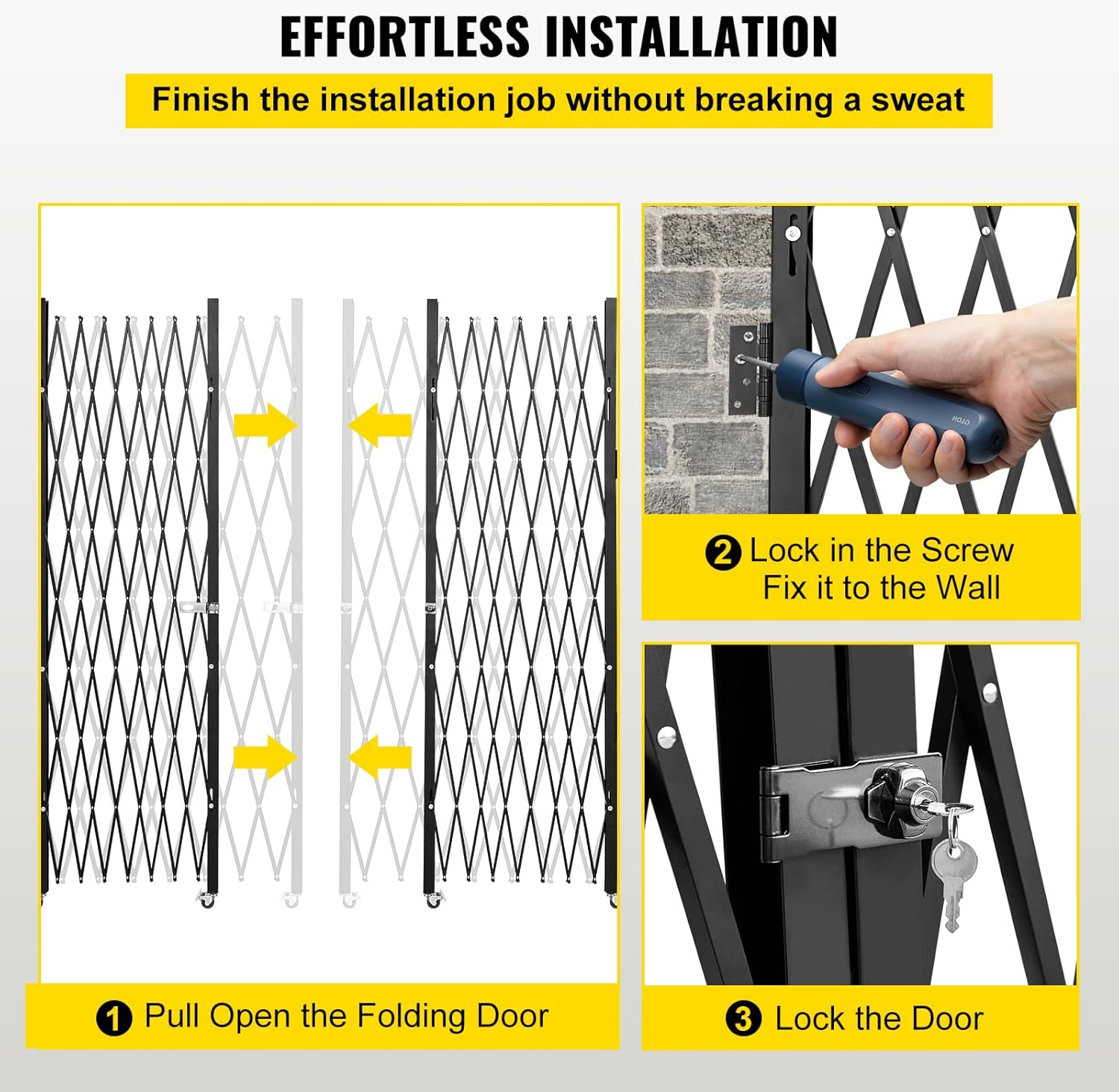 VEVOR Double Folding Security Gate, 61" H X 122" W Folding Door Gate, Steel Accordion Security Gate, Flexible Expanding Security Gate, 360&deg; Rolling Barricade Gate, Scissor Gate or Door with Keys image number 4