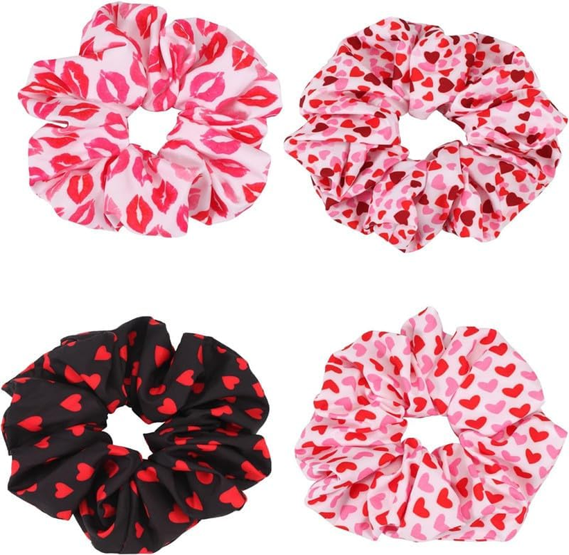 Heart Printed Hair Scrunchies for Girl, 4Pcs Valentines Hair Ties Heart Printed Hair Scrunchie,Valentine Red Lips Printed Hair Scrunchie,Valentine'S Day Hair Scrunchie Pink Red Heart Design Hair Ties image number 5