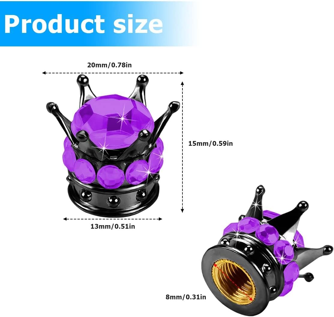 Crown Tire Valve Stem Caps, 4Pcs Handmade Bling Rhinestone Car Stem Air Caps Cover, Dustproof Tire Valve Caps for Bike Motorcycle Wheels, Auto Exterior Accessories for Girl Women (Black/Purple) - Black/Black image number 3