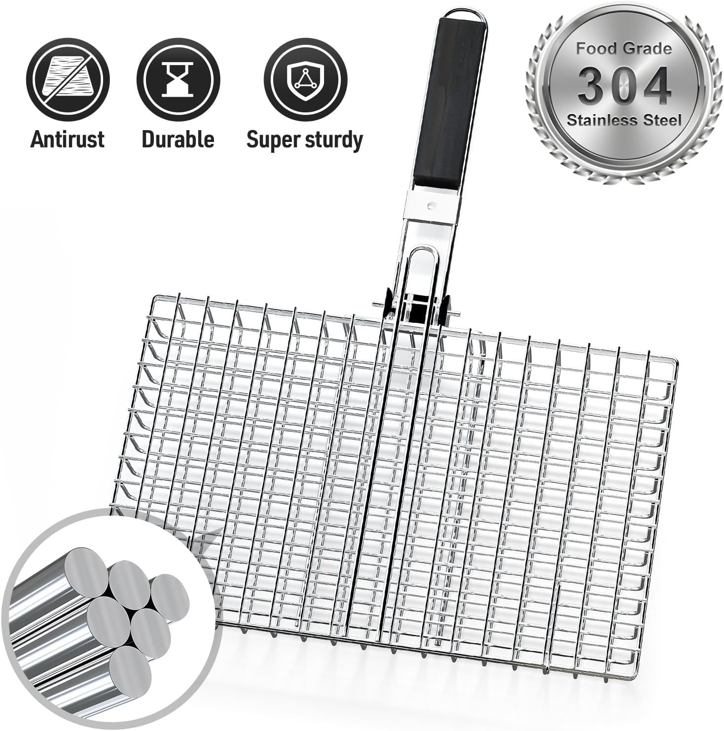 Grill Basket Extra Large,Barbecue Accessories,Stainless Steel BBQ Grill Basket Portable Camping Grilling Rack with Removable Handle for Fish,Vegetables,Grilling Gifts for Men, Dad (32 * 23 * 4CM) image number 4