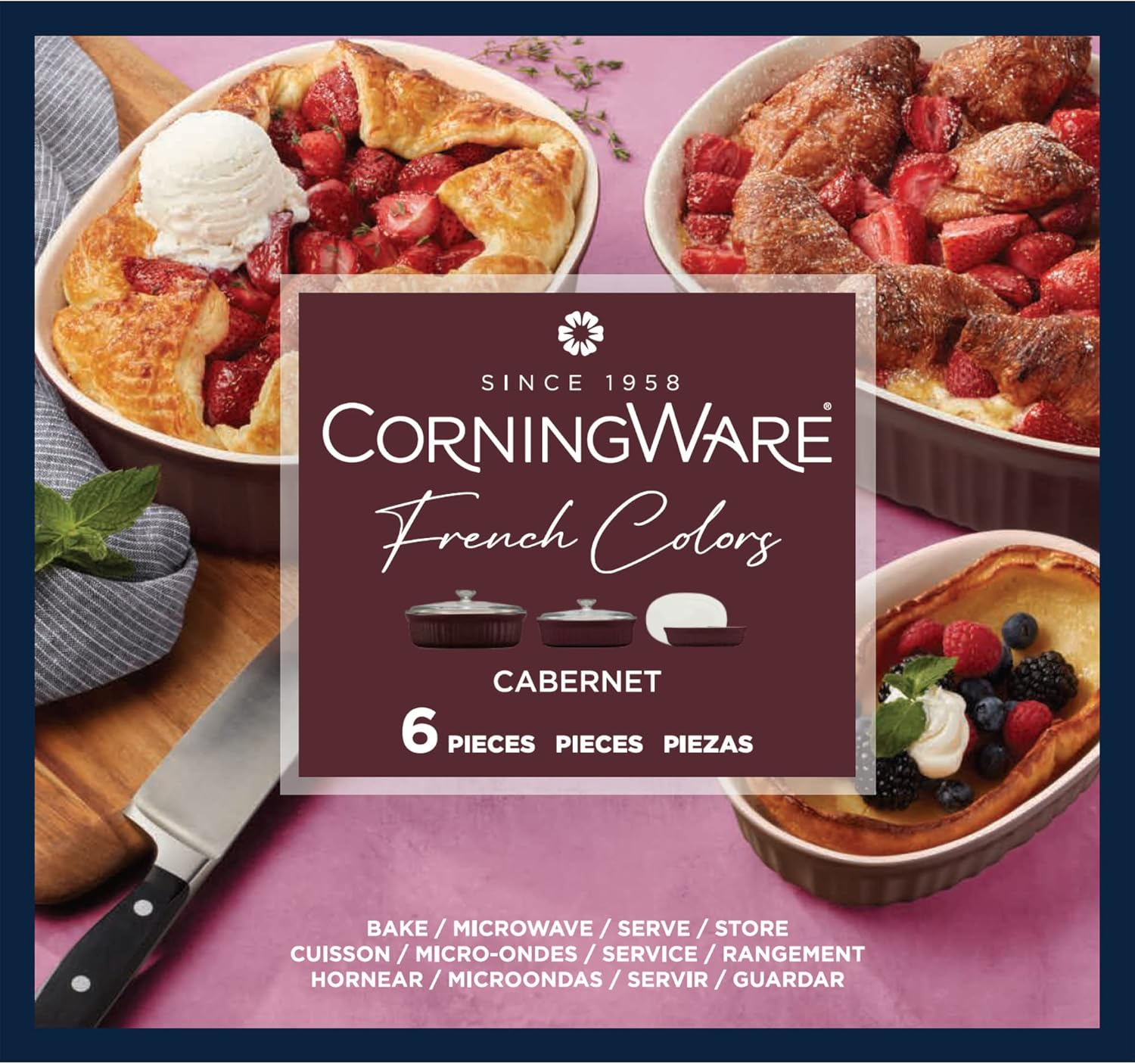 Corningware French White Bakeware 6-Piece Set, French Cabernet image number 1