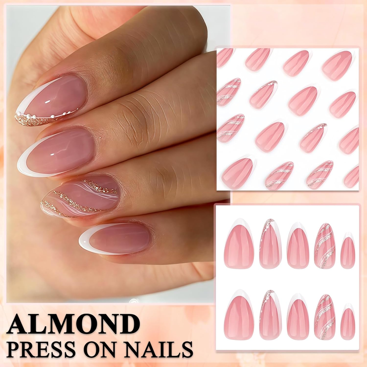 Virellay Almond Fake Nails, Artificial Fingernails, Press on Nails Almond (French with Glitter Line, 24 Pieces) image number 5
