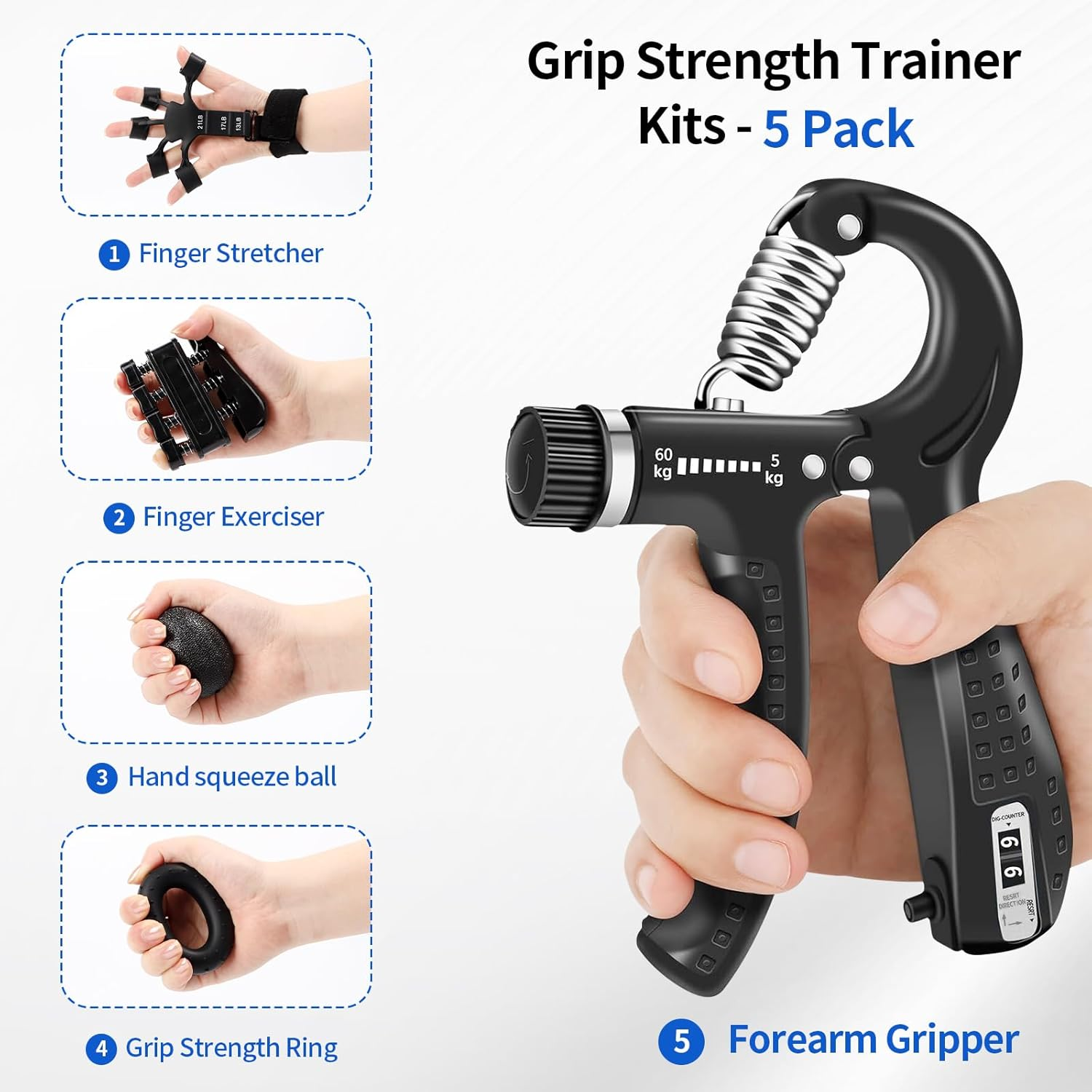 5 Pcs Grip Strength Trainer Kits with Hand and Forearm, Adjustable Forearm Trainer, Hand Grip Strengthener for Muscle Building and Injury Recover, Finger Exerciser, Hand Extension Exerciser image number 5