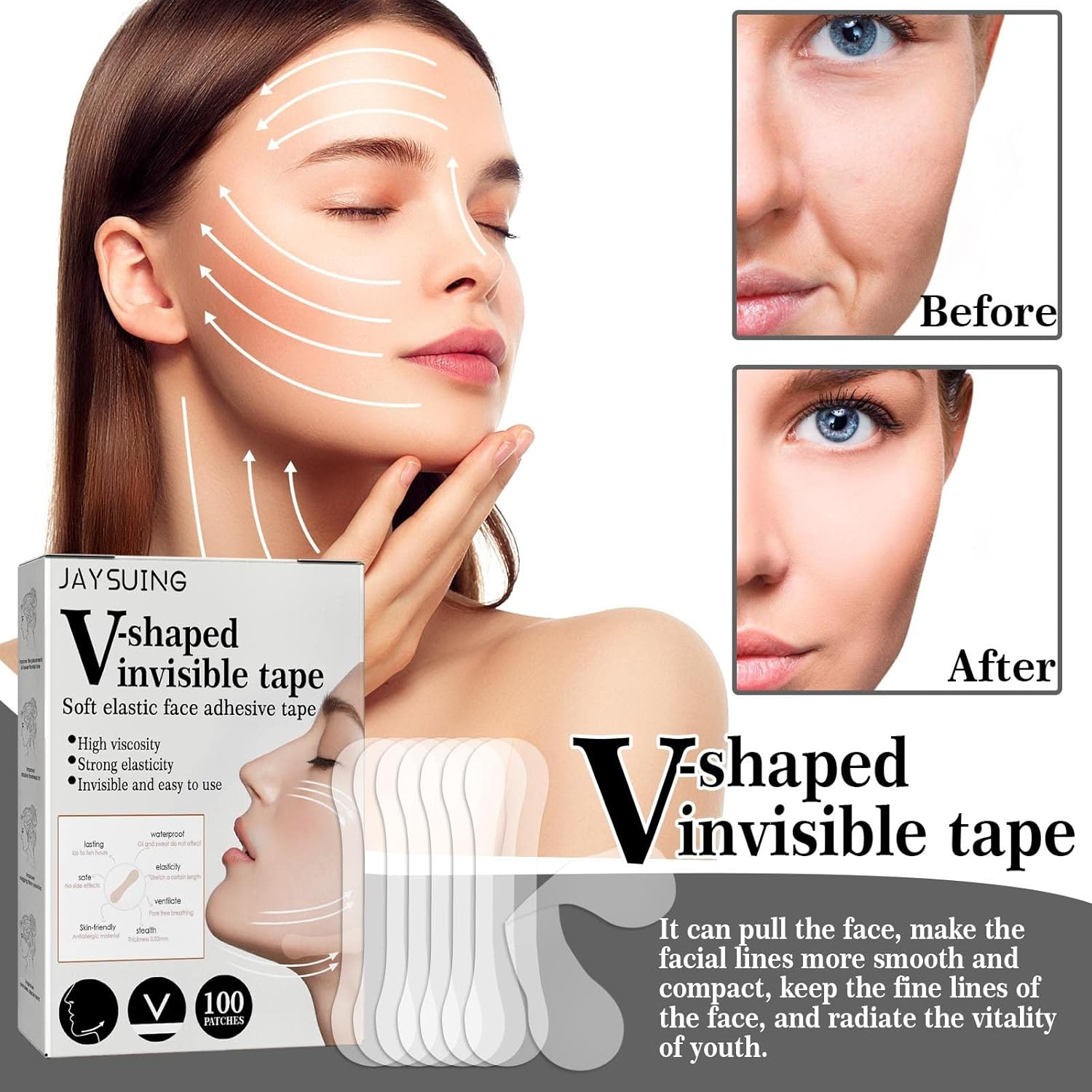 WXYINSPAS 100 Pcs Face Tape Lifting Invisible Kit for Wrinkles, Jowls, Double Chin, Neck, Eye, Waterproof High Elasticity V Shape Lift Tape Stickers, Instant Makeup Bands - Facelifttape-B-160Pcs image number 4