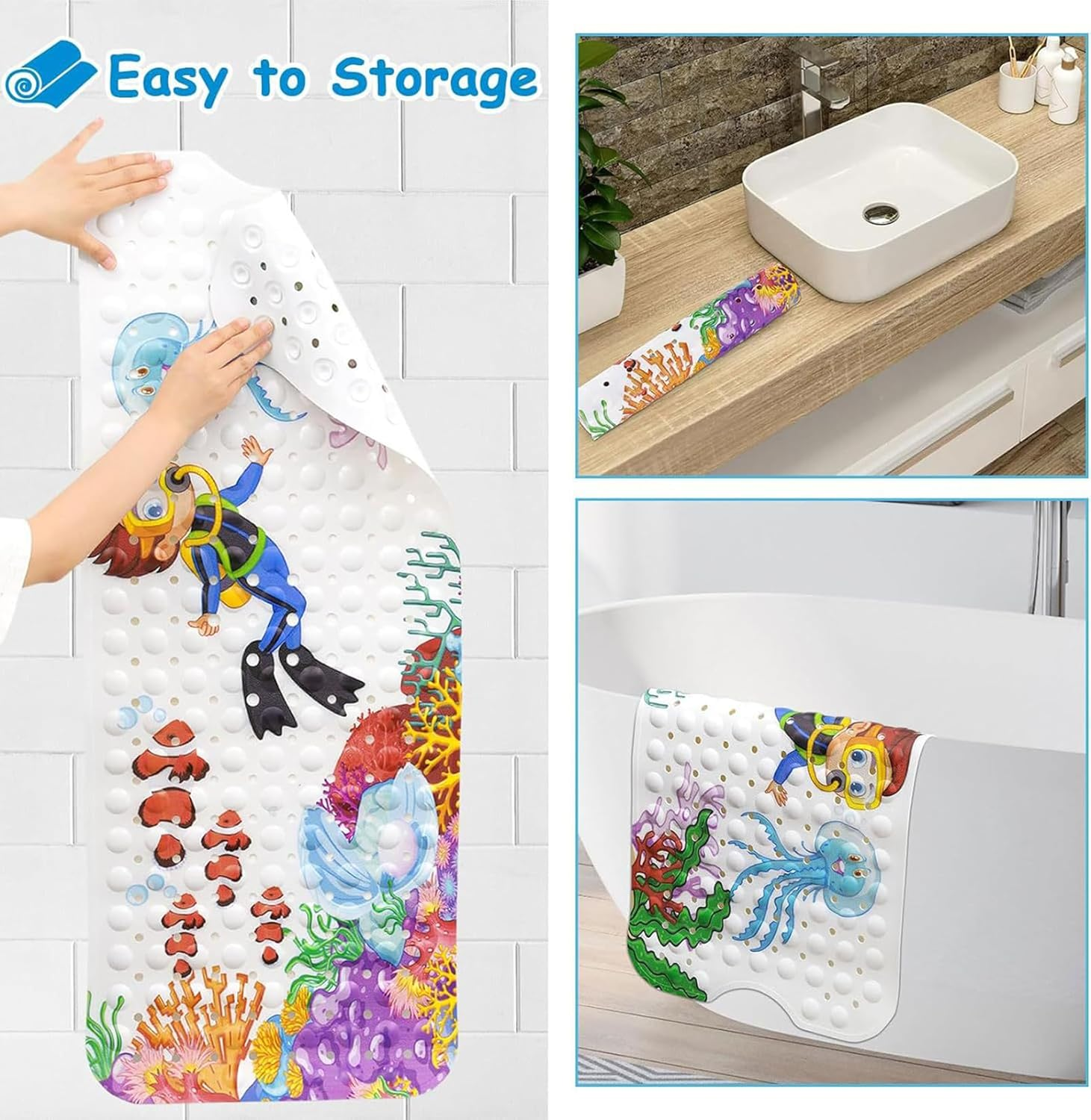 Baby Bath Mat 100X40Cm Non Slip Kids Bathtub Mat with Suction Cups & Drain Holes Cute Cartoon Bath Tub Mat/Shower Mat for Bathroom Baby Toddlers Children Machine Washable (Multicolor1) image number 5