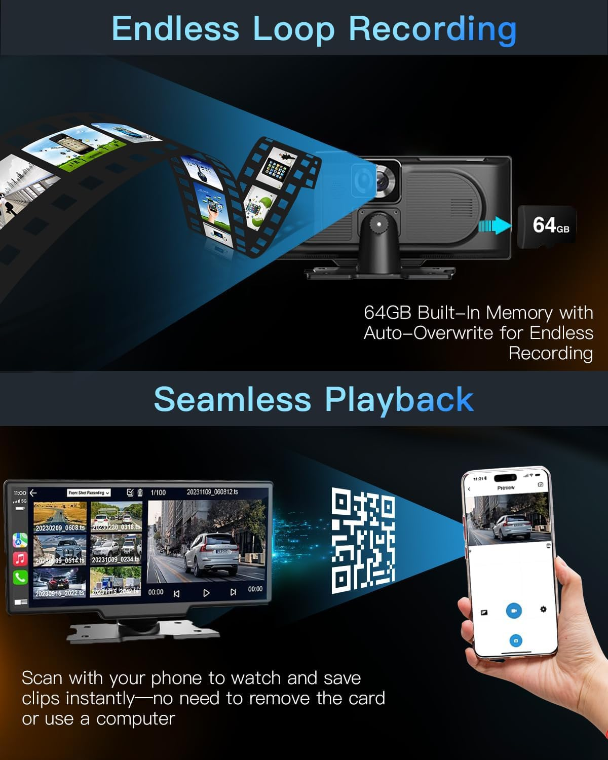 10.26 Inch Portable Wireless Touch Screen Apple Carplay, Android Auto, Mirror Link with 4K Dash Cam, 1080P Camera, GPS Navigation, Bluetooth, Siri/Google Navigation Car Screen for All Vehicles image number 1