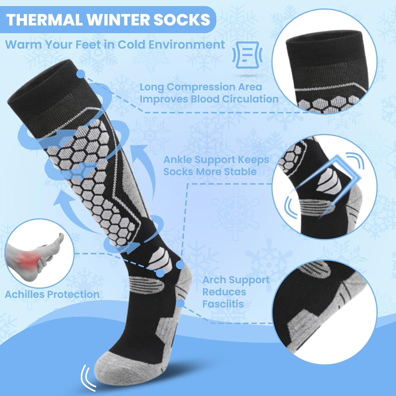 ZANZER Merino Wool Ski Socks - 3 Pairs Thermal Knee High Socks for Snowboarding, Winter Warmth, Cold Weather image number 5
