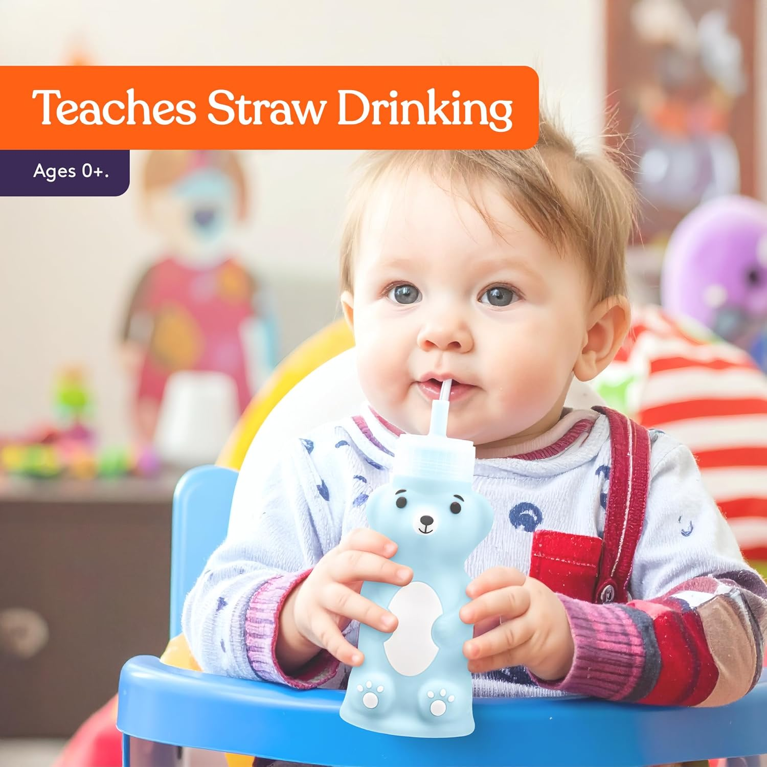 Special Supplies Honey Bear Straw Cup Long Straws, Squeezable Therapy and Special Needs Assistive Drink Container, Spill Proof and Leak Resistant Lid (Pack of 1 Bottle and 3 Straws) image number 1