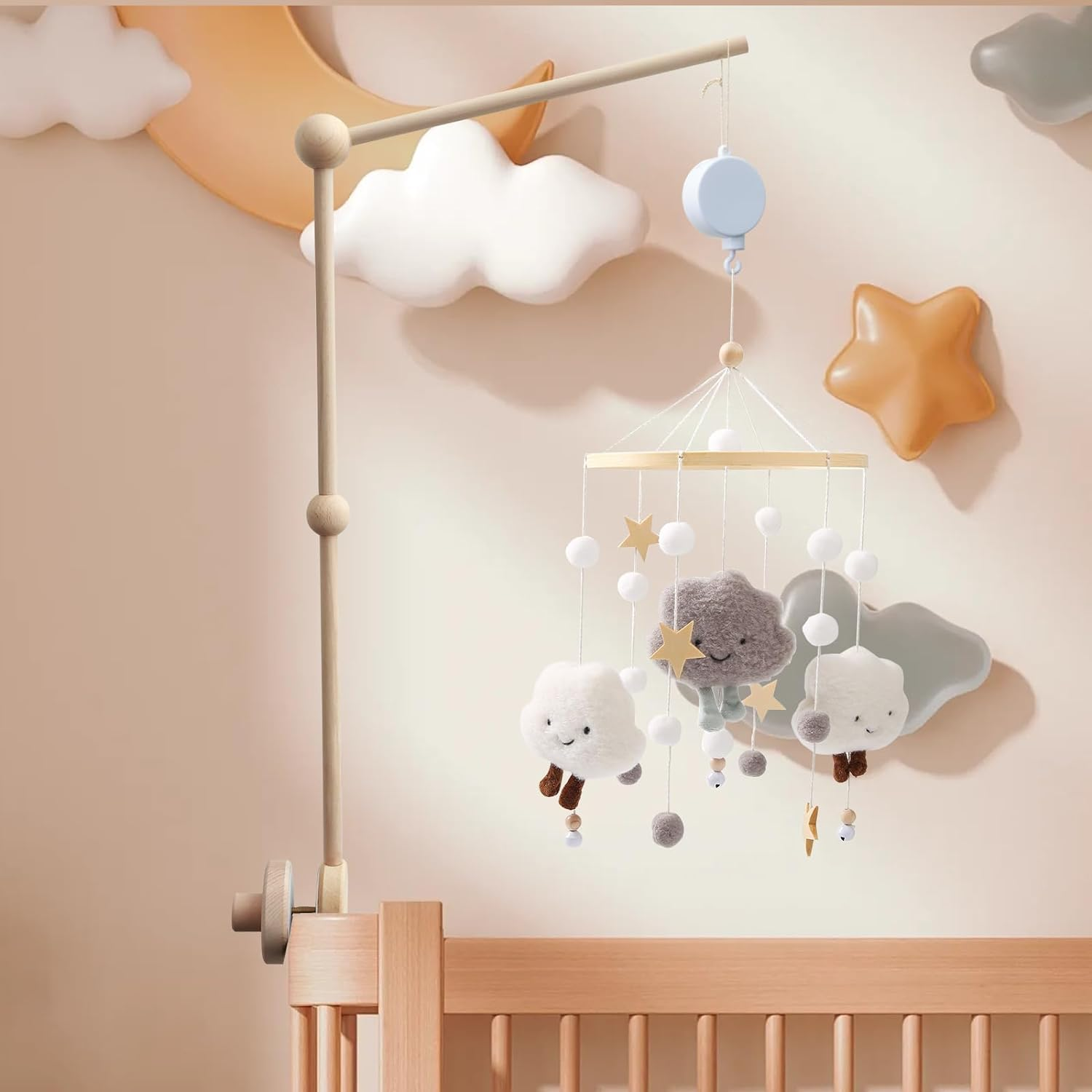 Baby Crib Mobile Arm with Clockwork Music Box, Wooden Baby Mobile Crib Holder, anti Slip Baby Mobile Holder Arm, 27Inch Wooden Crib Mobile Holder for Crib Baby Bed Nursery Decor image number 4