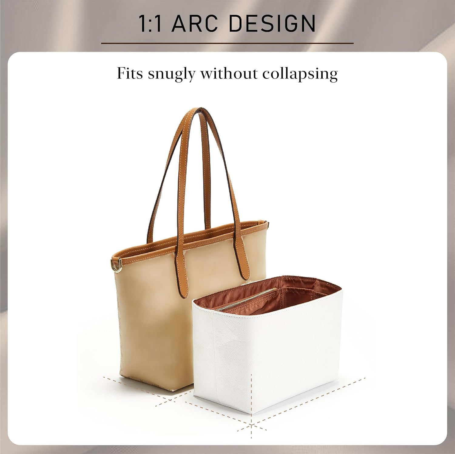 Doxo Purse Organizer Insert for Coach City Tote 30, Lightweight Tote Bag Organizer with Keychain, 9 Pockets Bag Insert with Cup Holder Zippered Section, Handbag Organizer Storage Divider (White Brown) image number 6