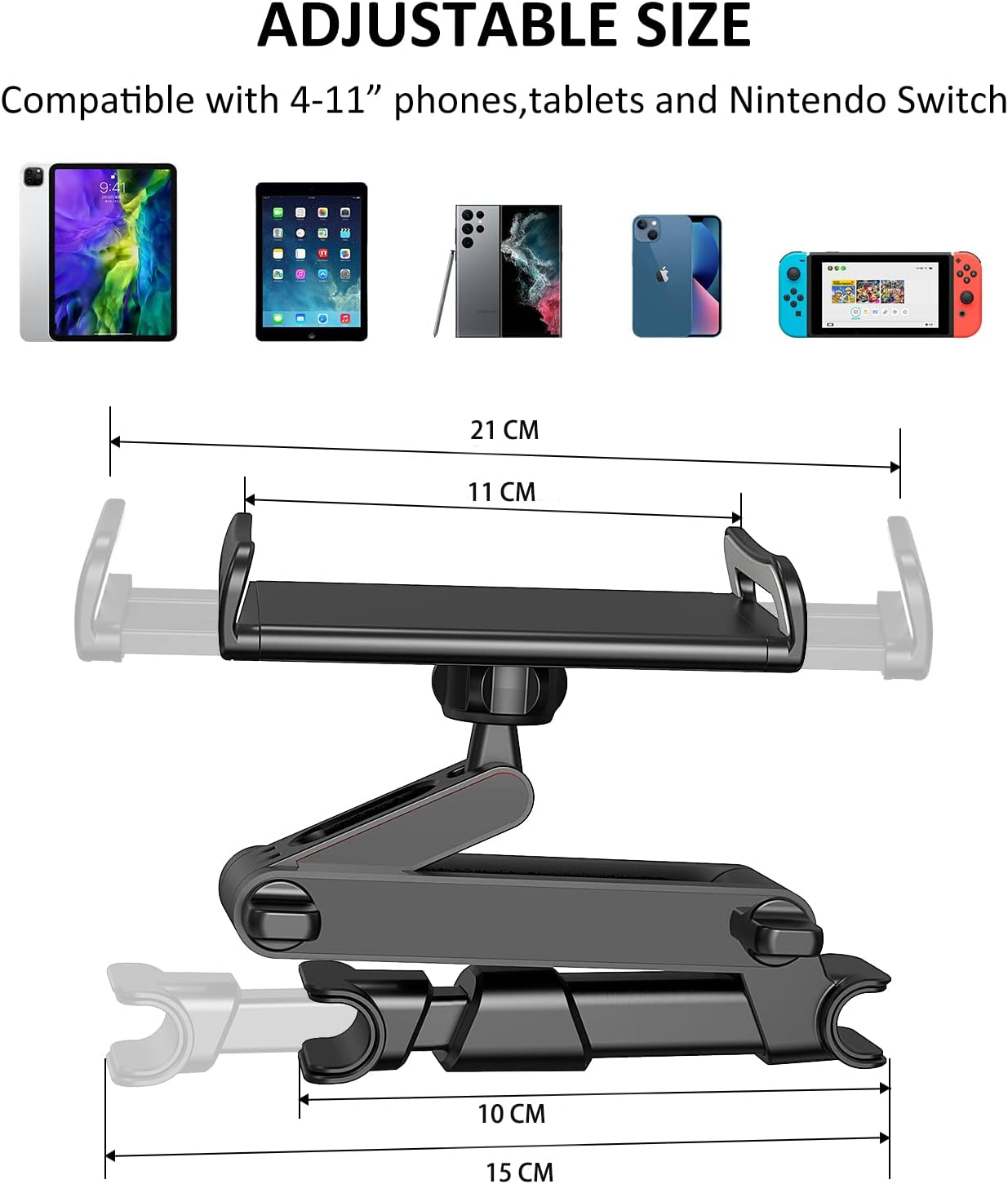 Car Headrest Backseat Mount, 360&deg; Rotating Adjustable Car Backseat Headrest Tablet/Phone Holder, Compatible for ALL 4"-11" Tablets, Cellphones, Iphone, Ipad Air Mini, Samsung, Switch. (Black)